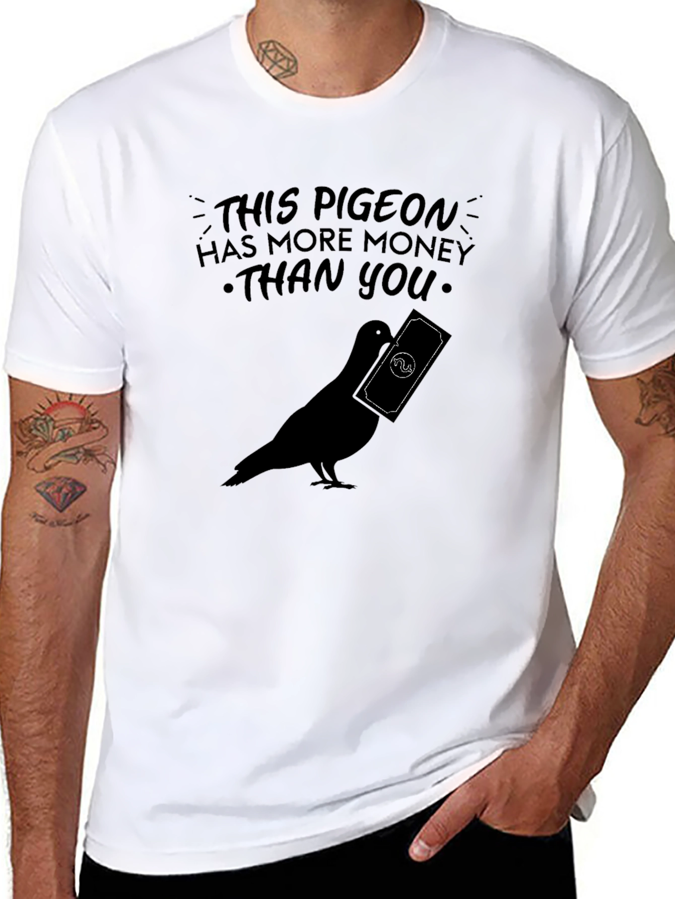 Pigeon With Money Graphic Tee - Funny Novelty T-Shirt