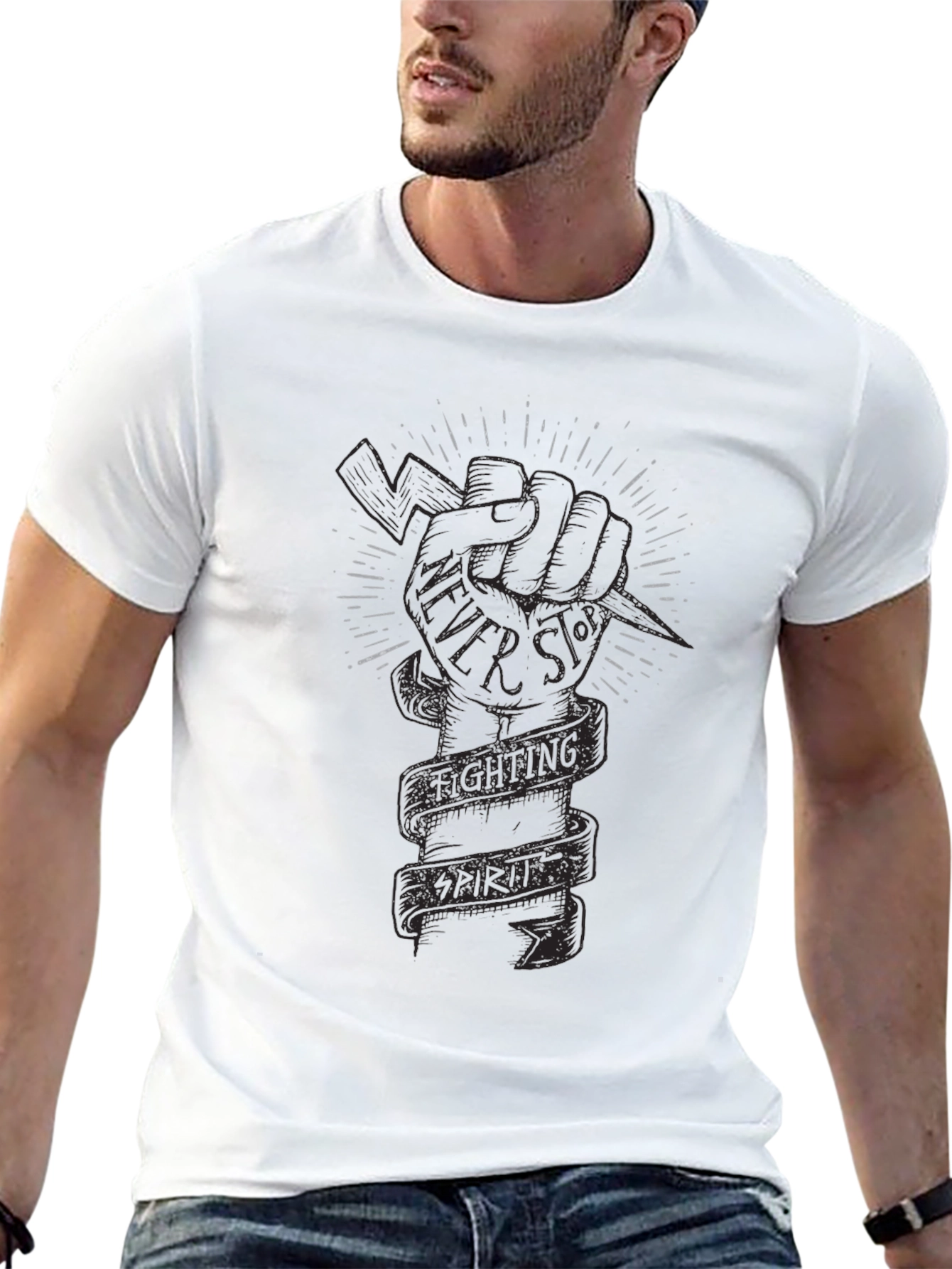 Fighting Spirit Graphic Print Black T-Shirt