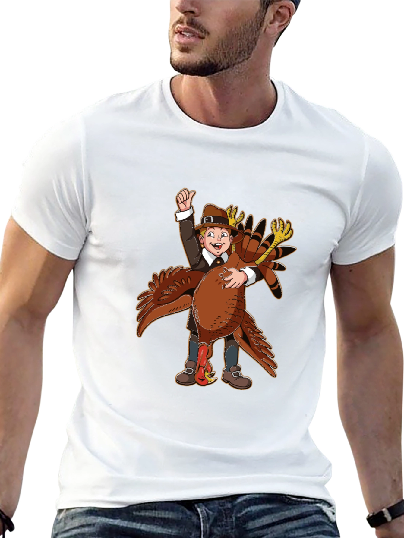Thanksgiving Pilgrim Hugging Turkey T-Shirt
