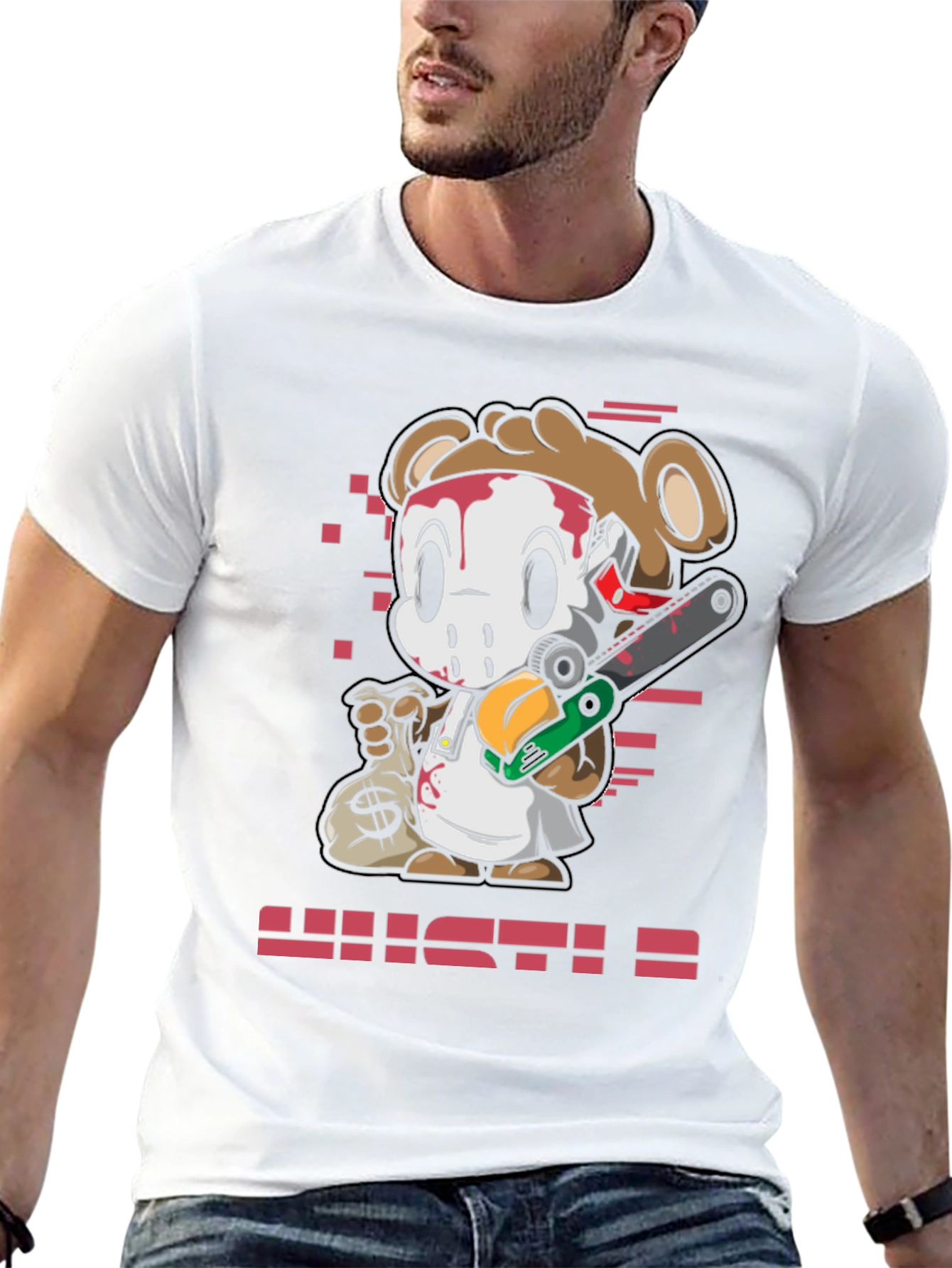 Cartoon Bear HUSTLE Graphic Print Tee