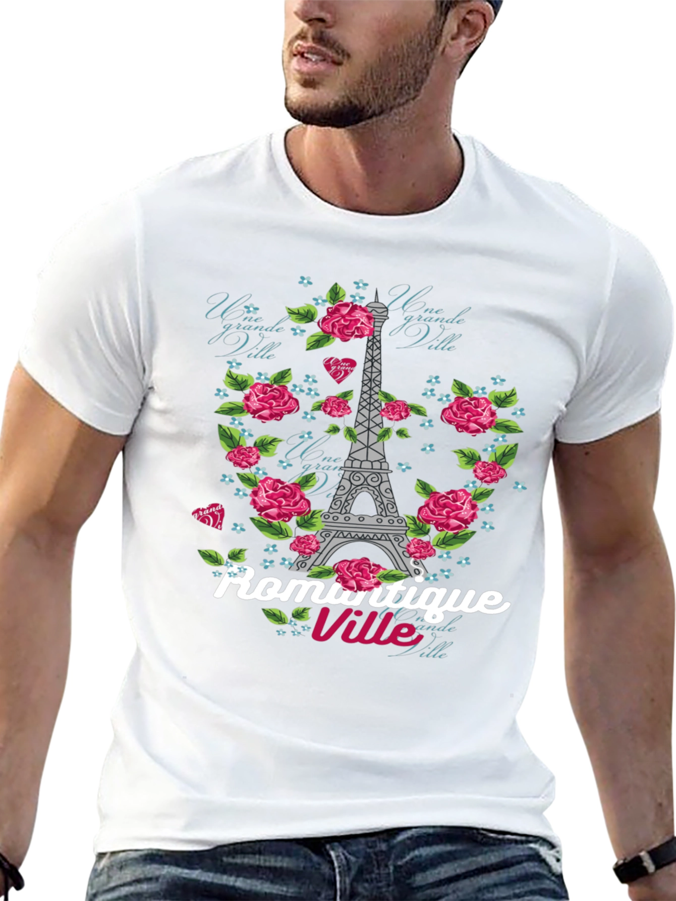 Paris Romance Graphic Tee - Eiffel Tower Rose Design