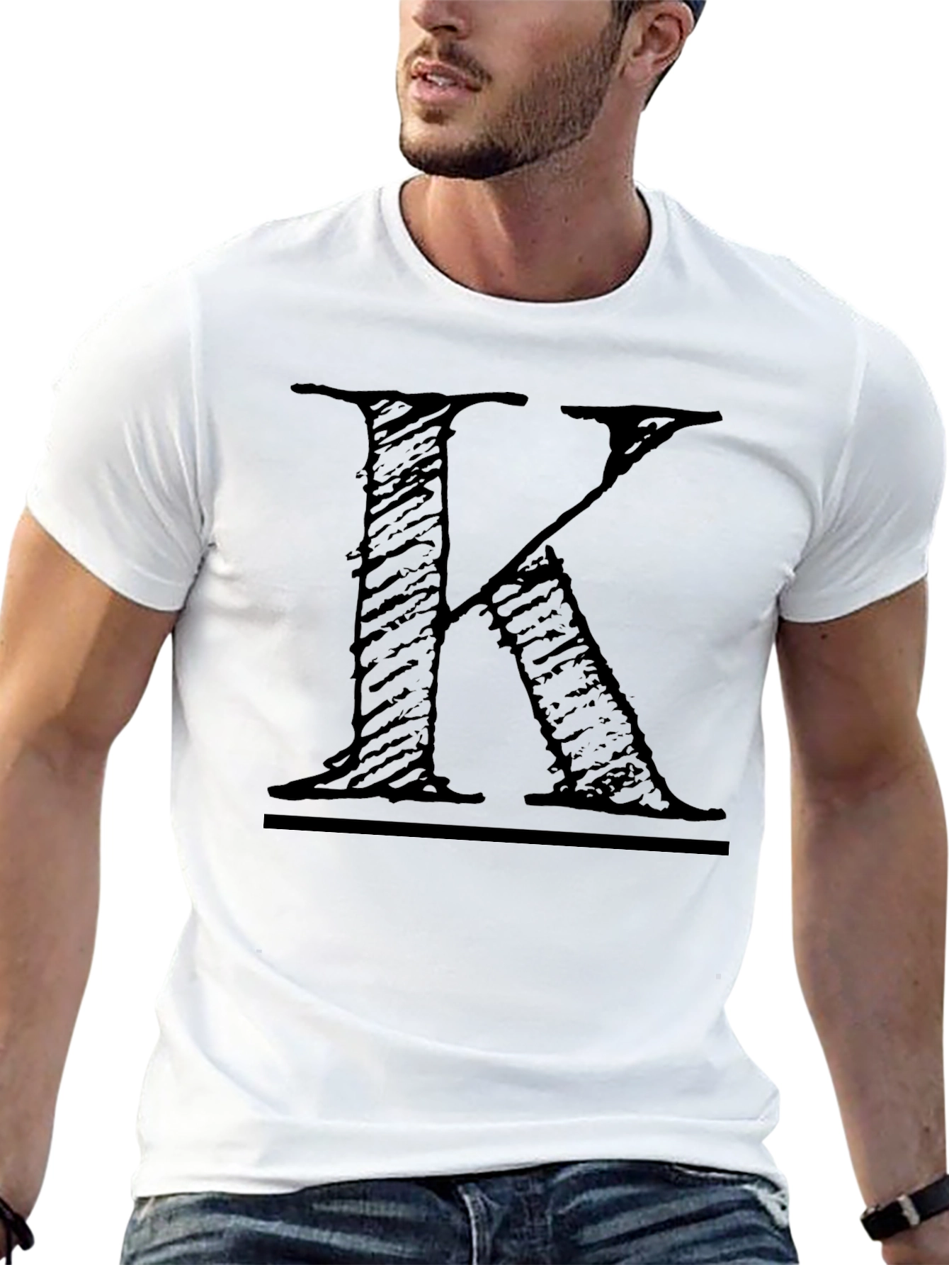 Mens Black T-Shirt with Distressed Letter K Design