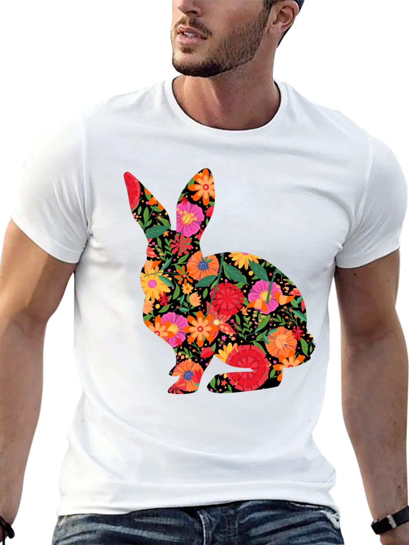 Floral Easter Bunny Mens Black T-Shirt