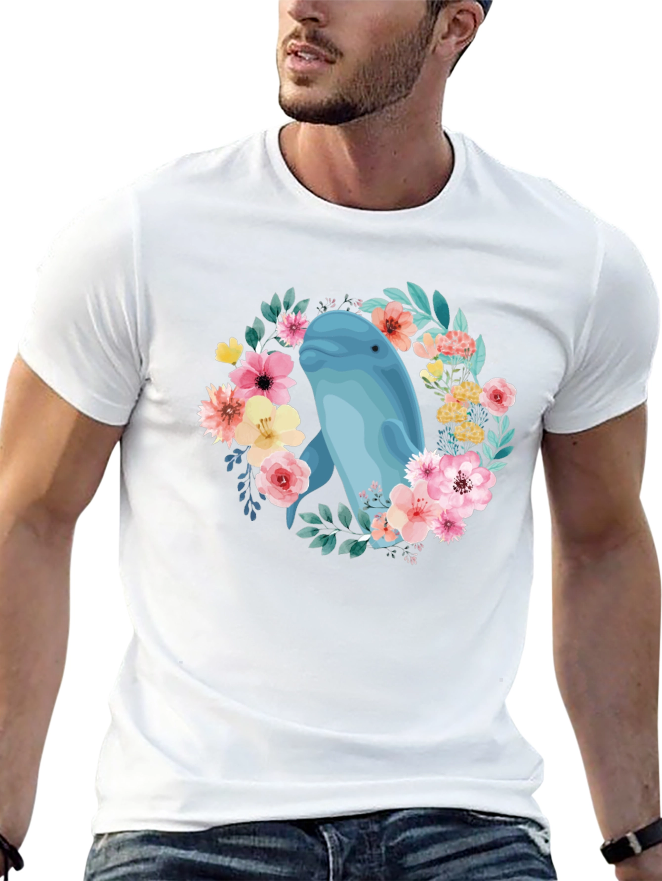 Beluga Whale Floral T-Shirt - Black