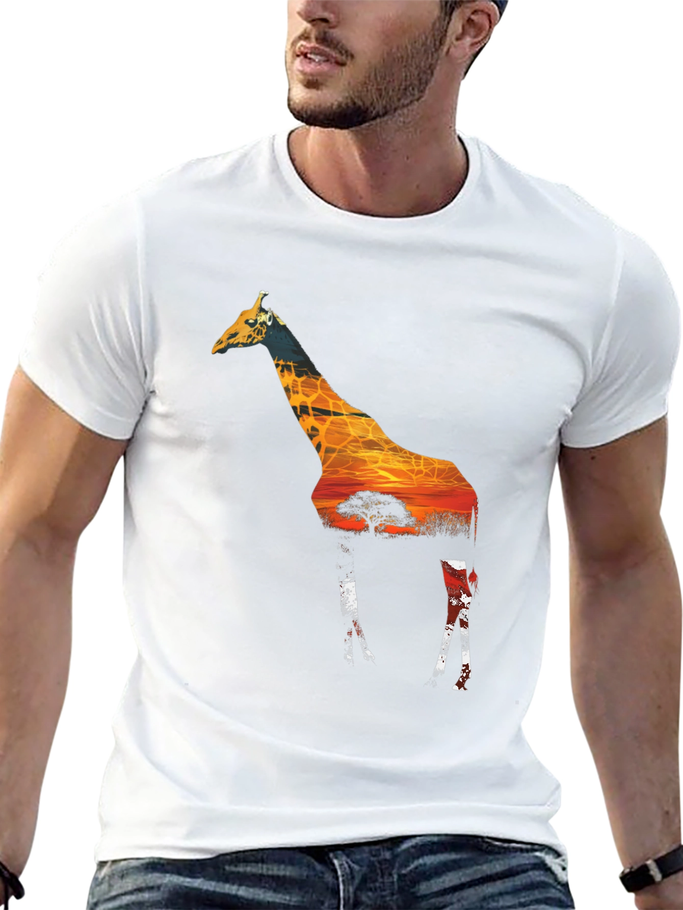 Giraffe Sunset Mens Graphic Tee