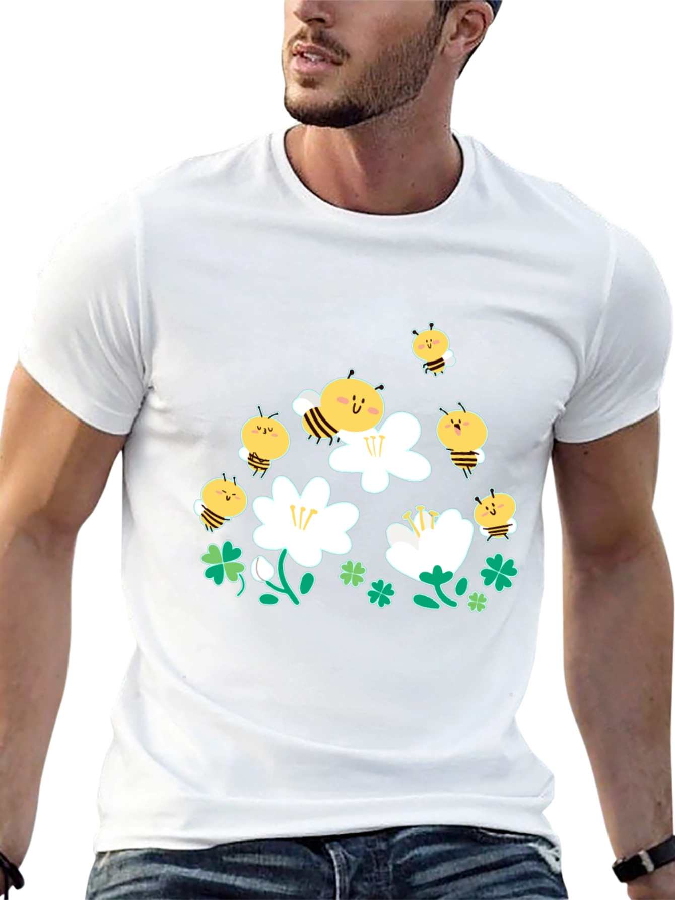 Cute Bee & Flower Graphic Black T-Shirt