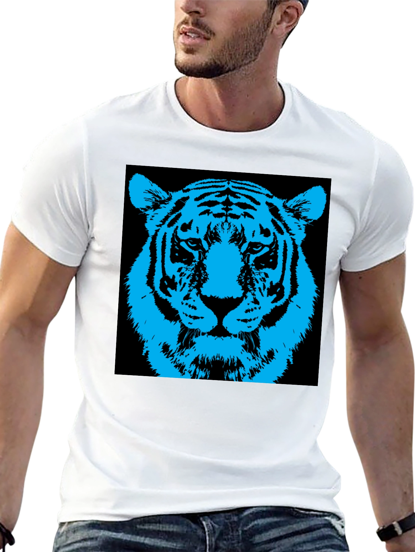 Vibrant Blue Tiger Graphic Print Black T-Shirt