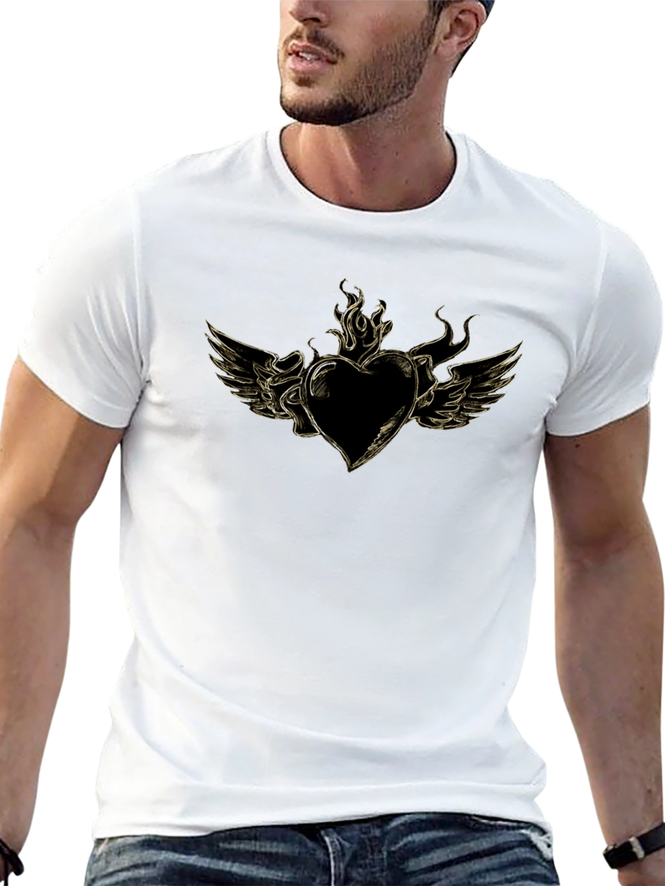 Mens Black T-Shirt with Heart and Wings Graphic