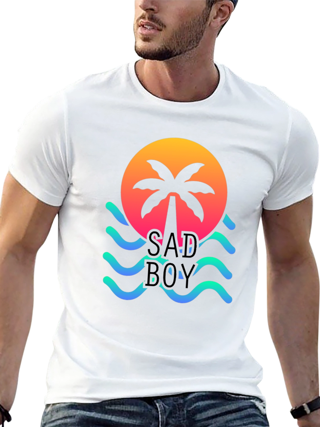 Sad Boy Graphic Tee - Sunset Palm Wave Design