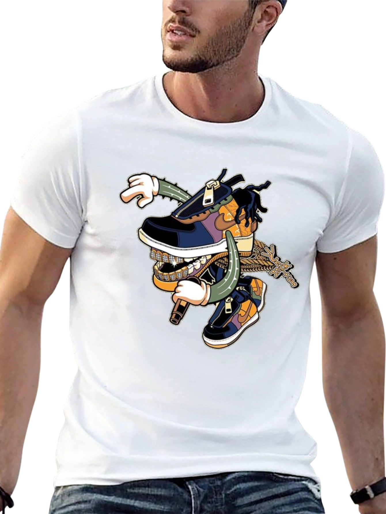 Black T-Shirt with Cartoon Shoe Design