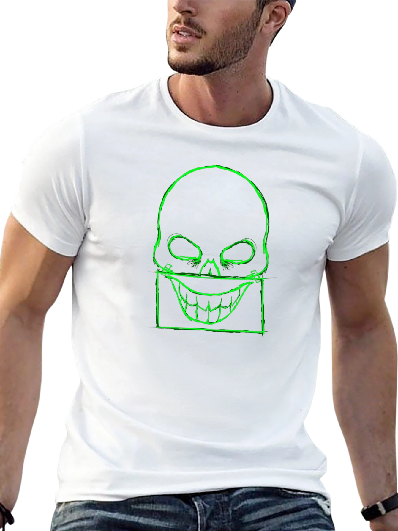 Mens Black T-Shirt with Neon Green Skull Graphic