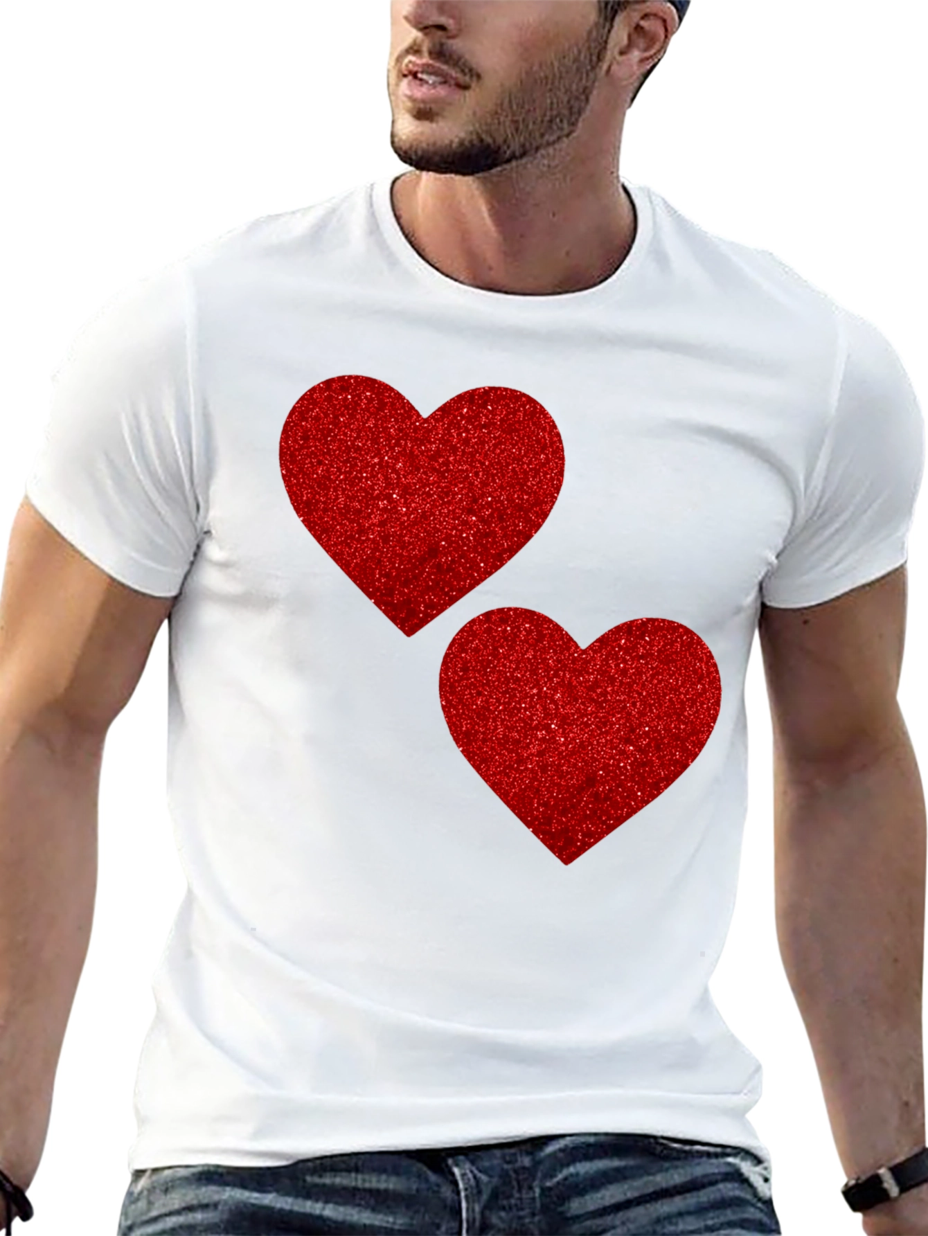Heart Graphic Tee - Red Glitter Hearts on Black