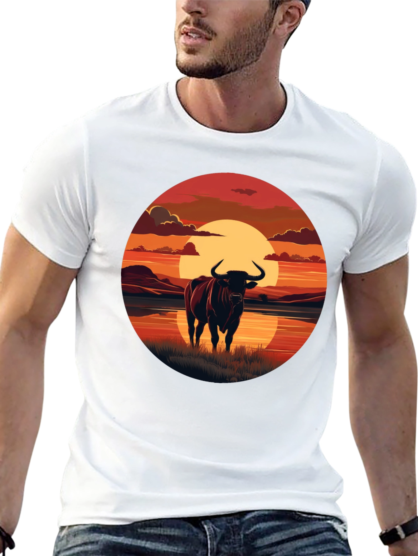 Bull Sunset Graphic Tee - Black Cotton Blend