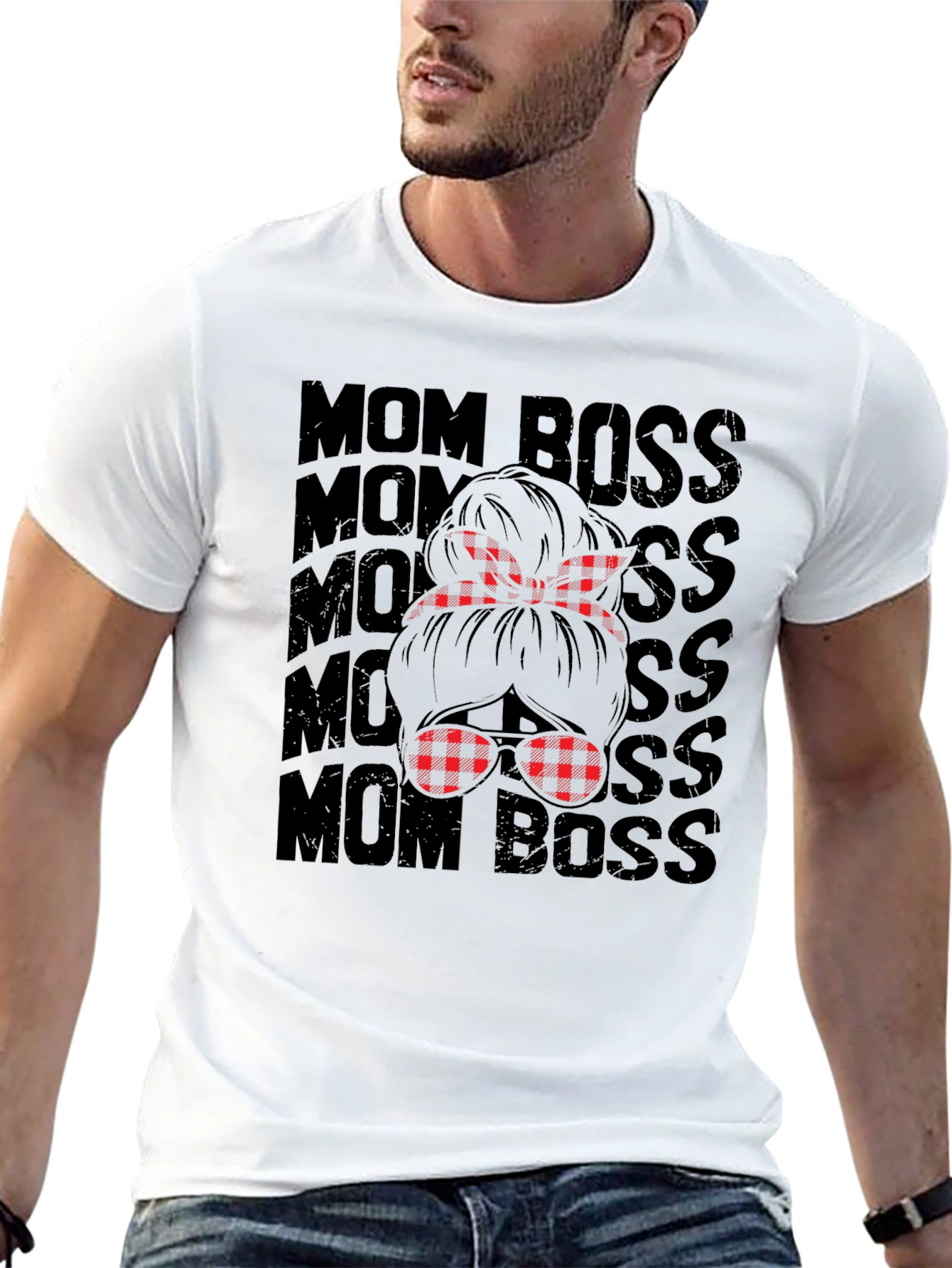 Mom Boss Graphic Tee - Plaid Messy Bun Design