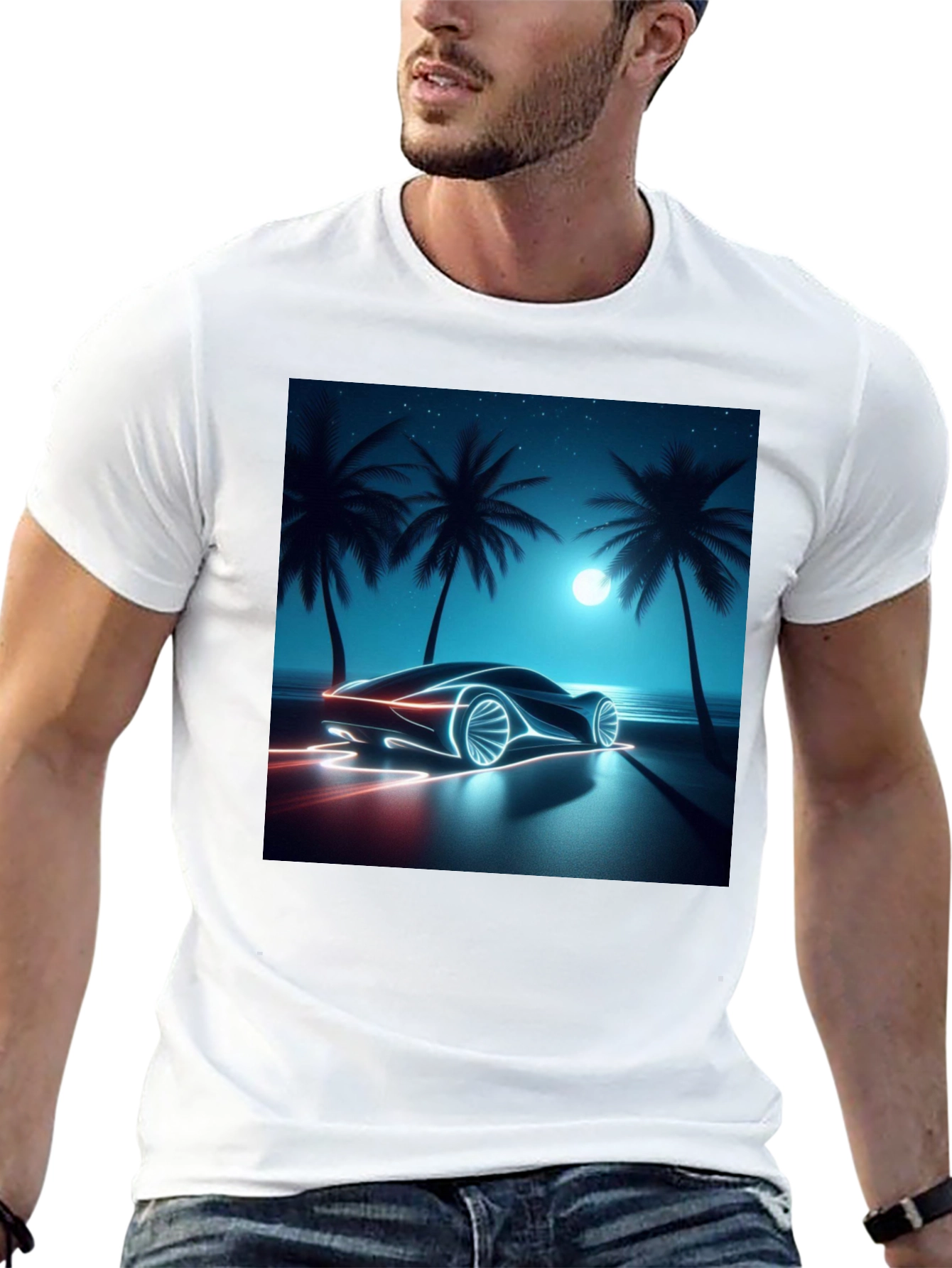 Neon Car Graphic Tee - Black Cotton T-Shirt