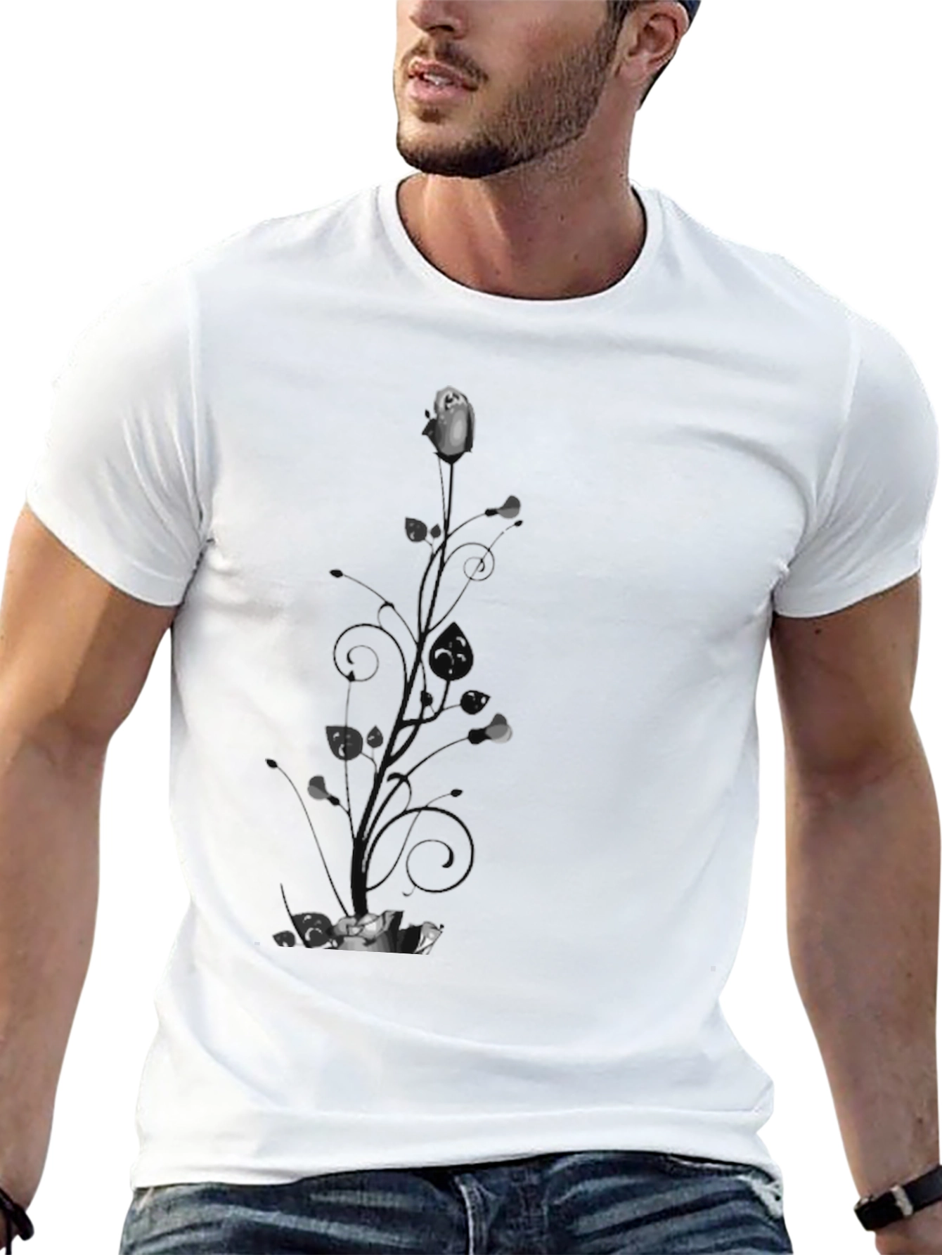 Elegant Black T-Shirt with Floral Rose Design