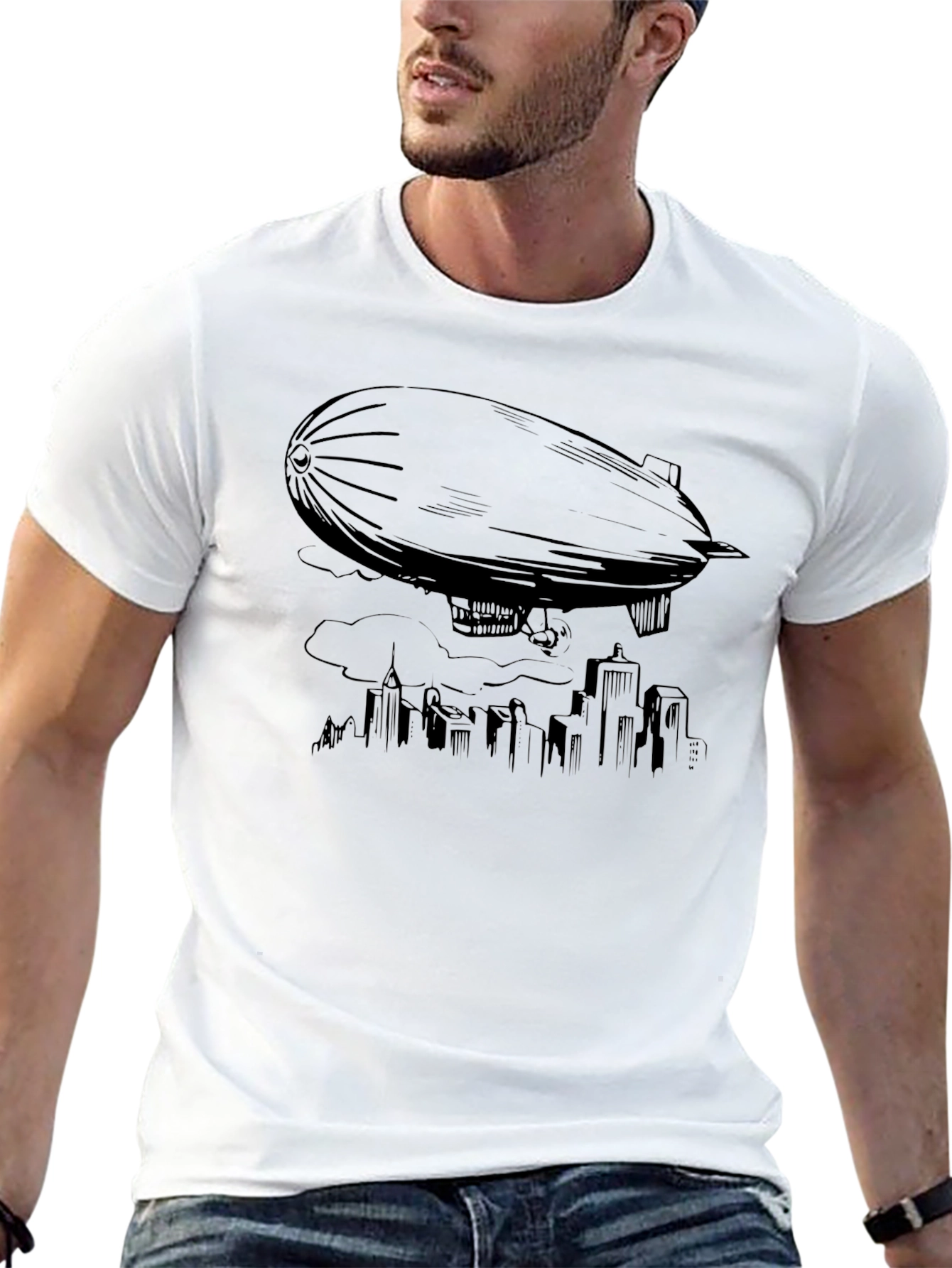 Airship Over City T-Shirt - Black Graphic Tee