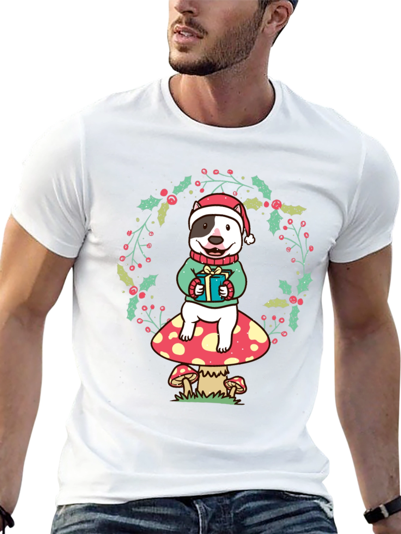 Festive Dog on Mushroom Christmas Tee
