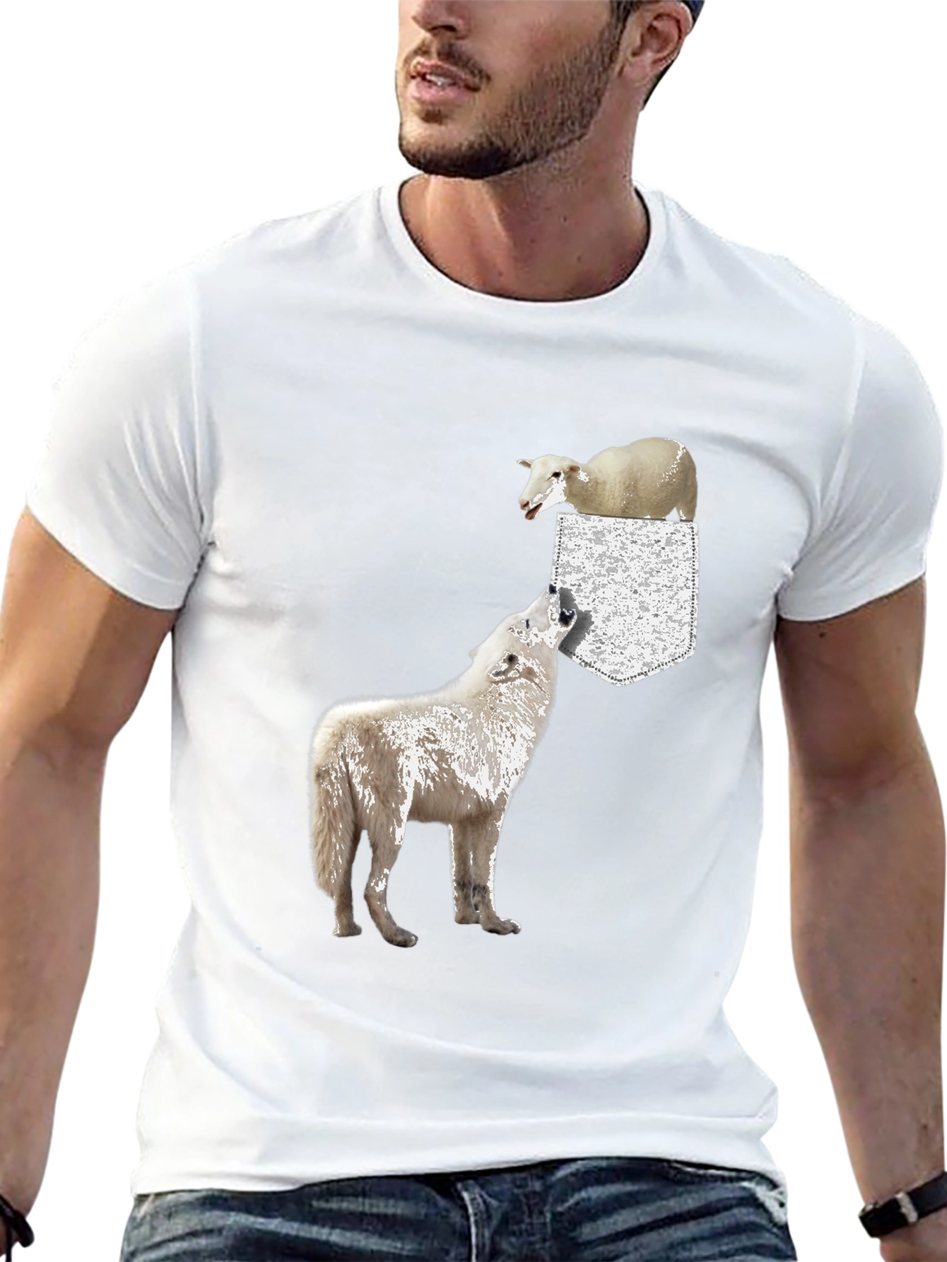 Wolf and Sheep Pocket T-Shirt - Unique Graphic Tee
