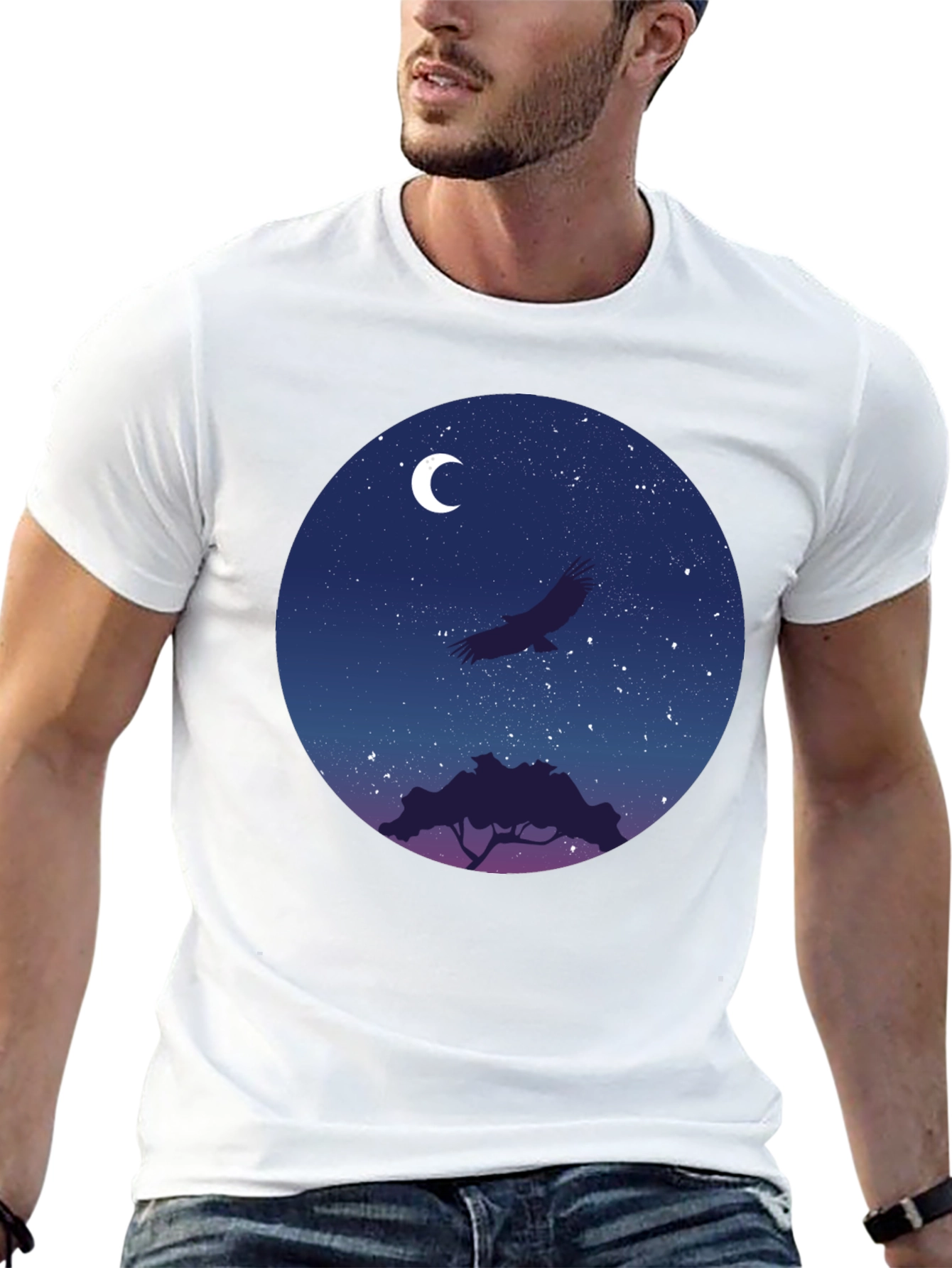 Night Sky Eagle Graphic Tee - Black Cotton Blend