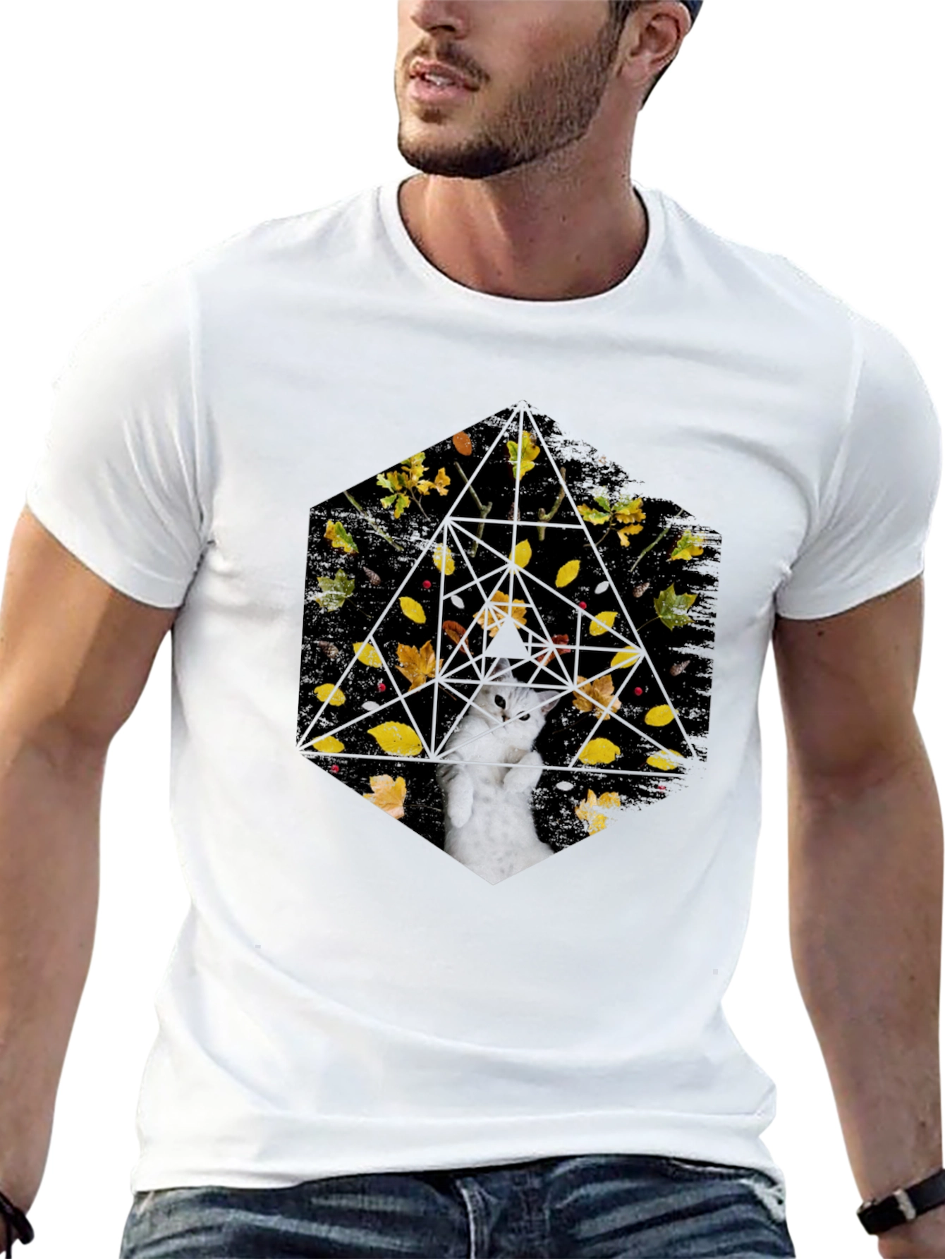 Geometric Cat T-Shirt - Abstract Fall Design