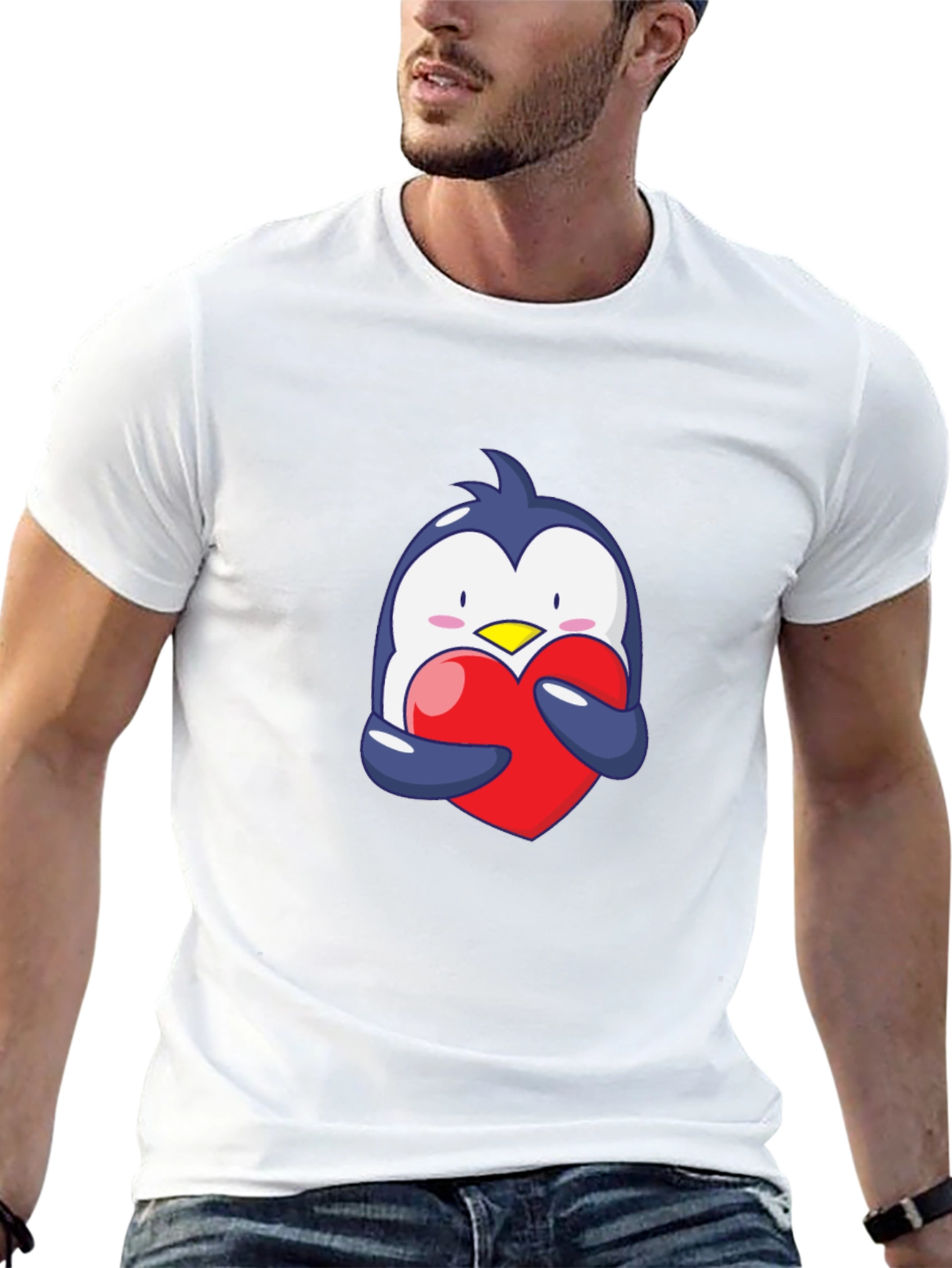 Penguin Hugging Heart Graphic Tee - Black