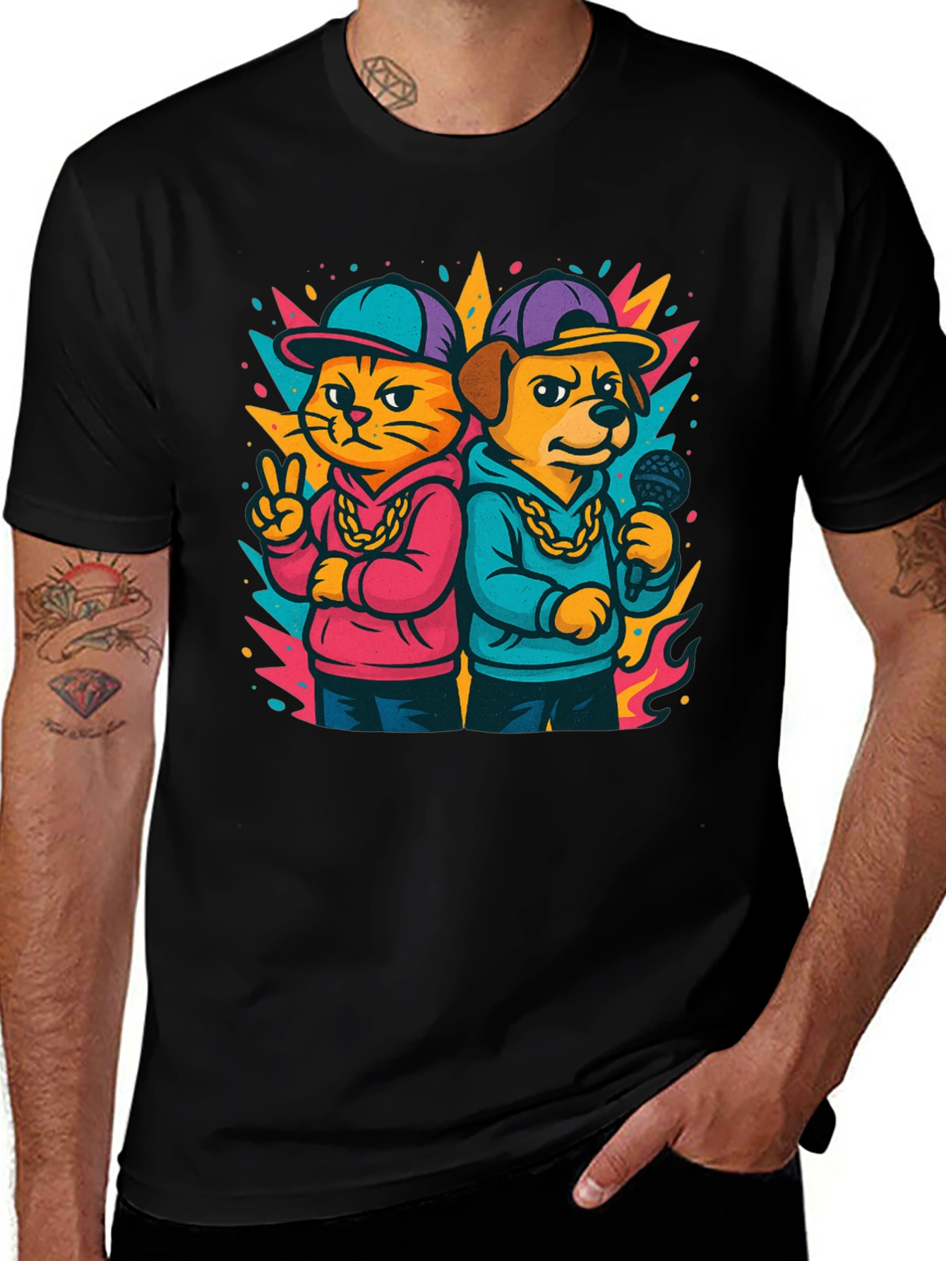 Cool Cat & Dog Rap Duo Graphic T-Shirt