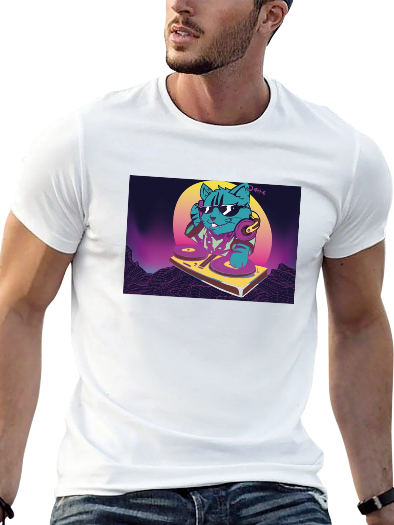DJ Cat Graphic T-Shirt - Black Retro Style