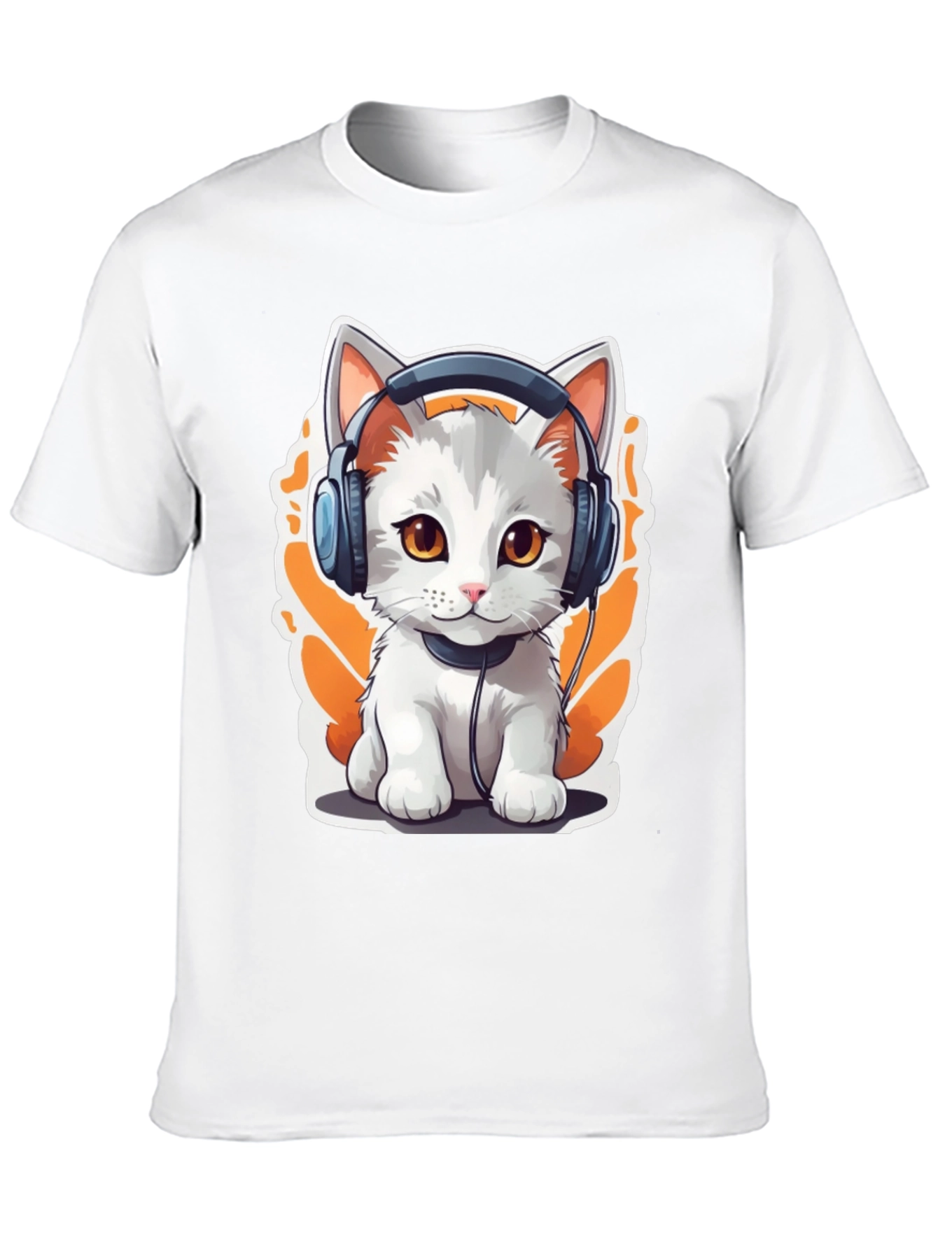 Cat with Headphones Graphic Tee - Black