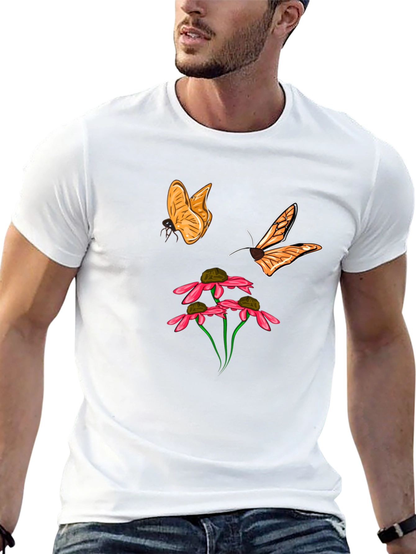 Butterfly and Flower Graphic Black T-Shirt