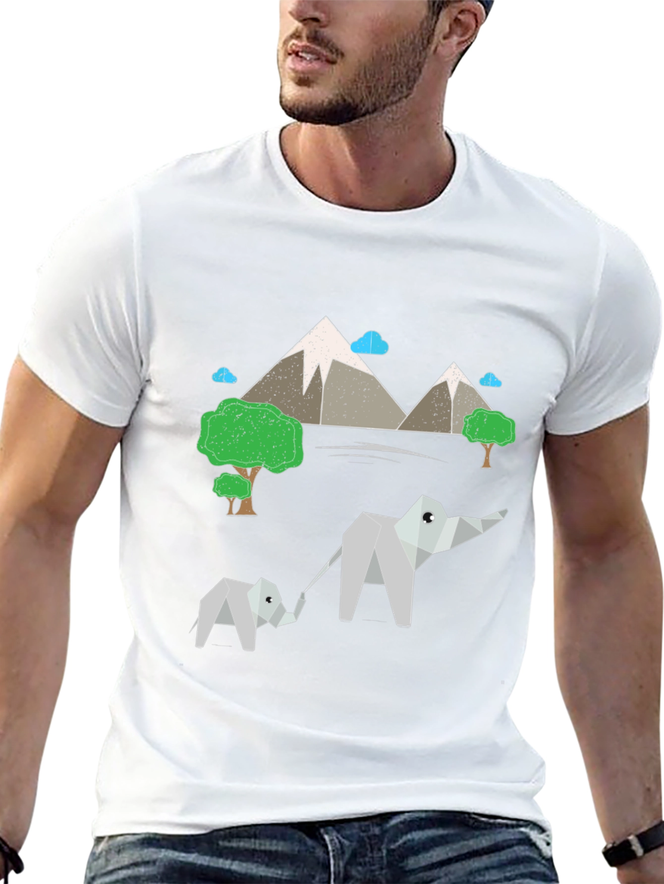 Origami Elephant & Mountain Black T-Shirt