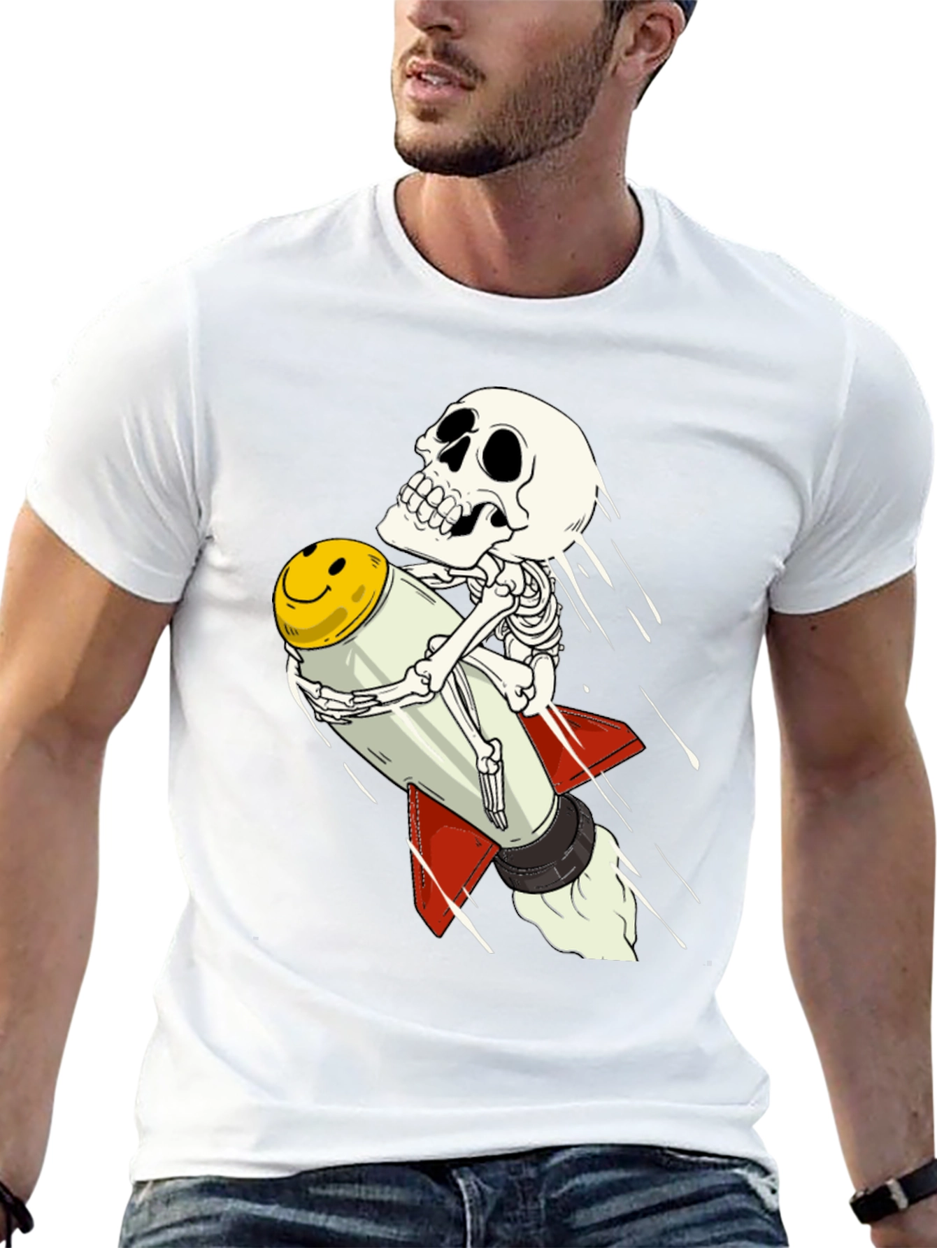 Skeleton Riding Smiley Face Rocket T-Shirt
