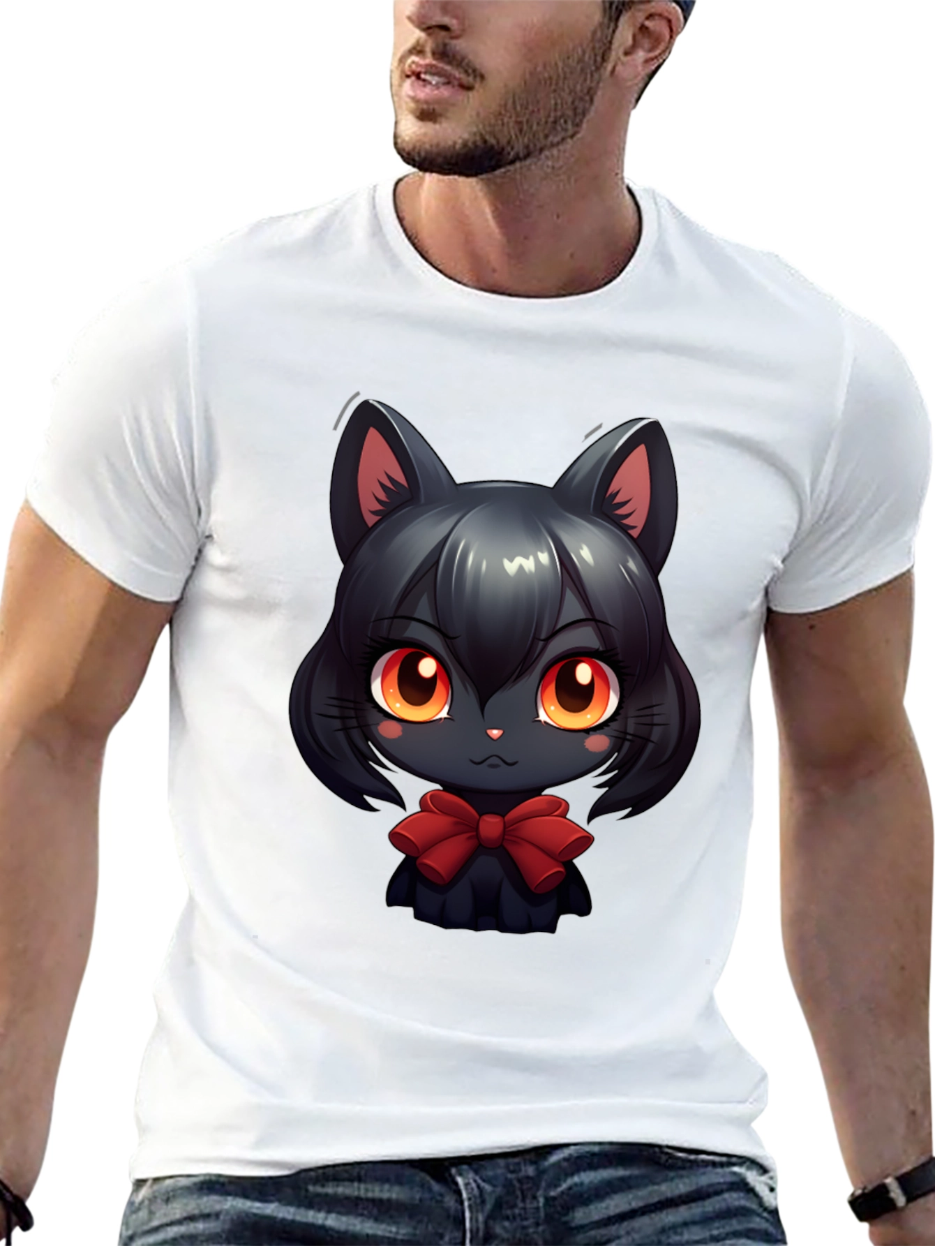 Cute Anime Cat T-Shirt - Soft Black Cotton Tee
