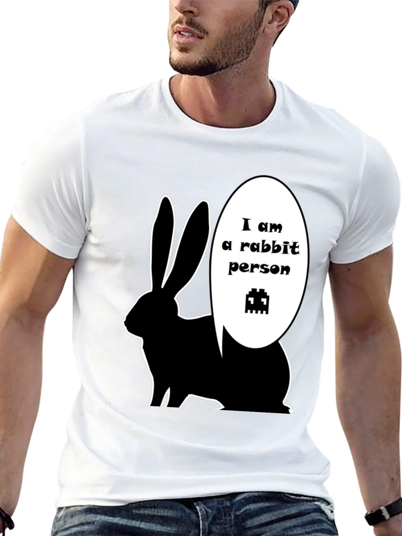 Rabbit Person Graphic T-Shirt - Black Crew Neck Tee