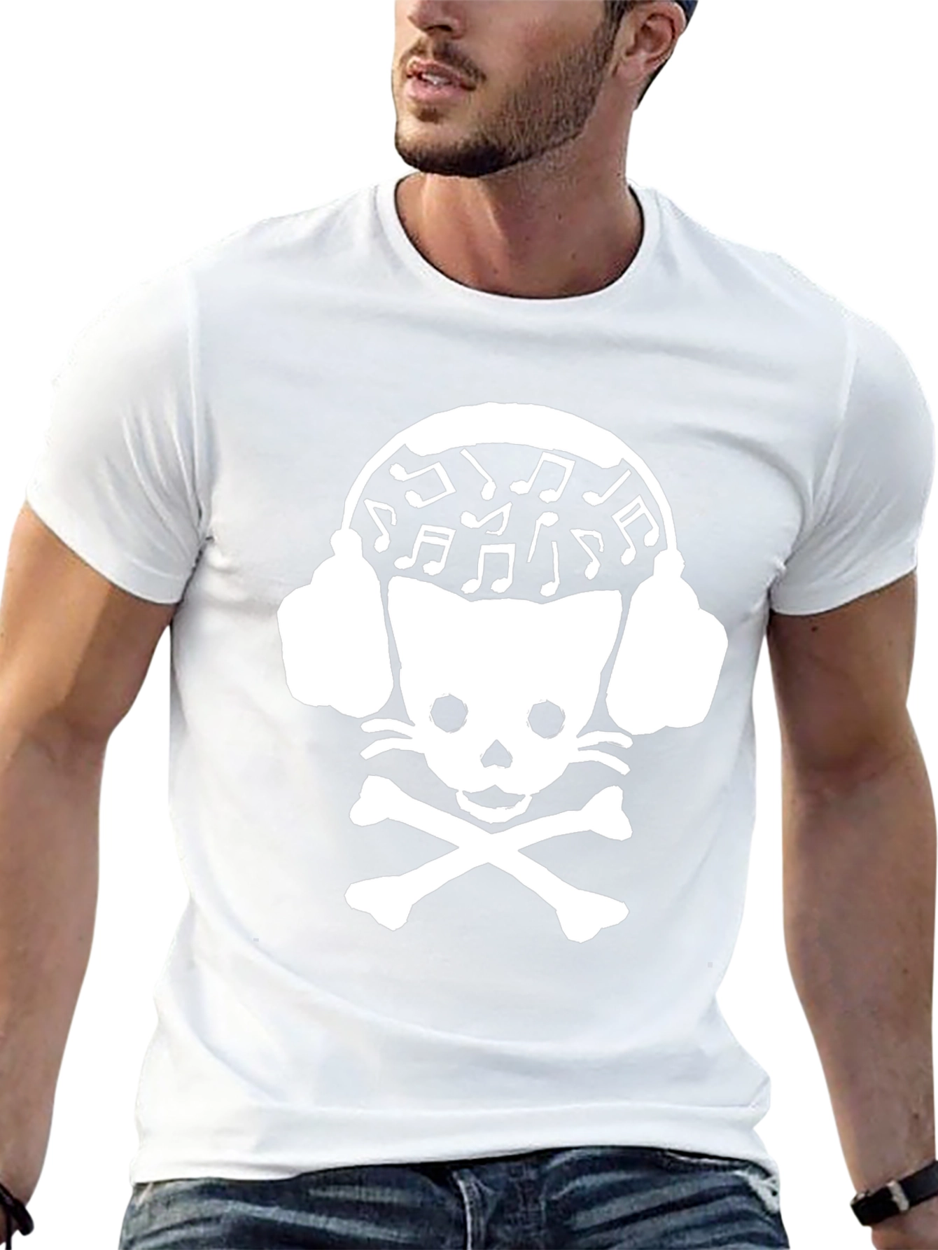 Skull Cat DJ Graphic Tee - Black Cotton T-Shirt