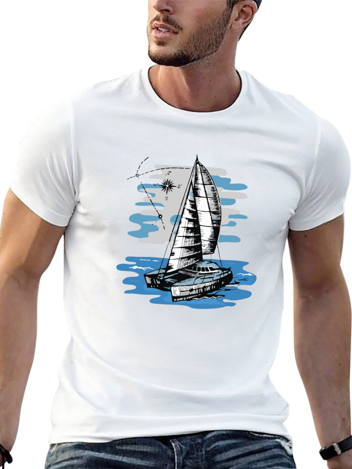 Sailing Boat Graphic Tee - Black Cotton T-Shirt