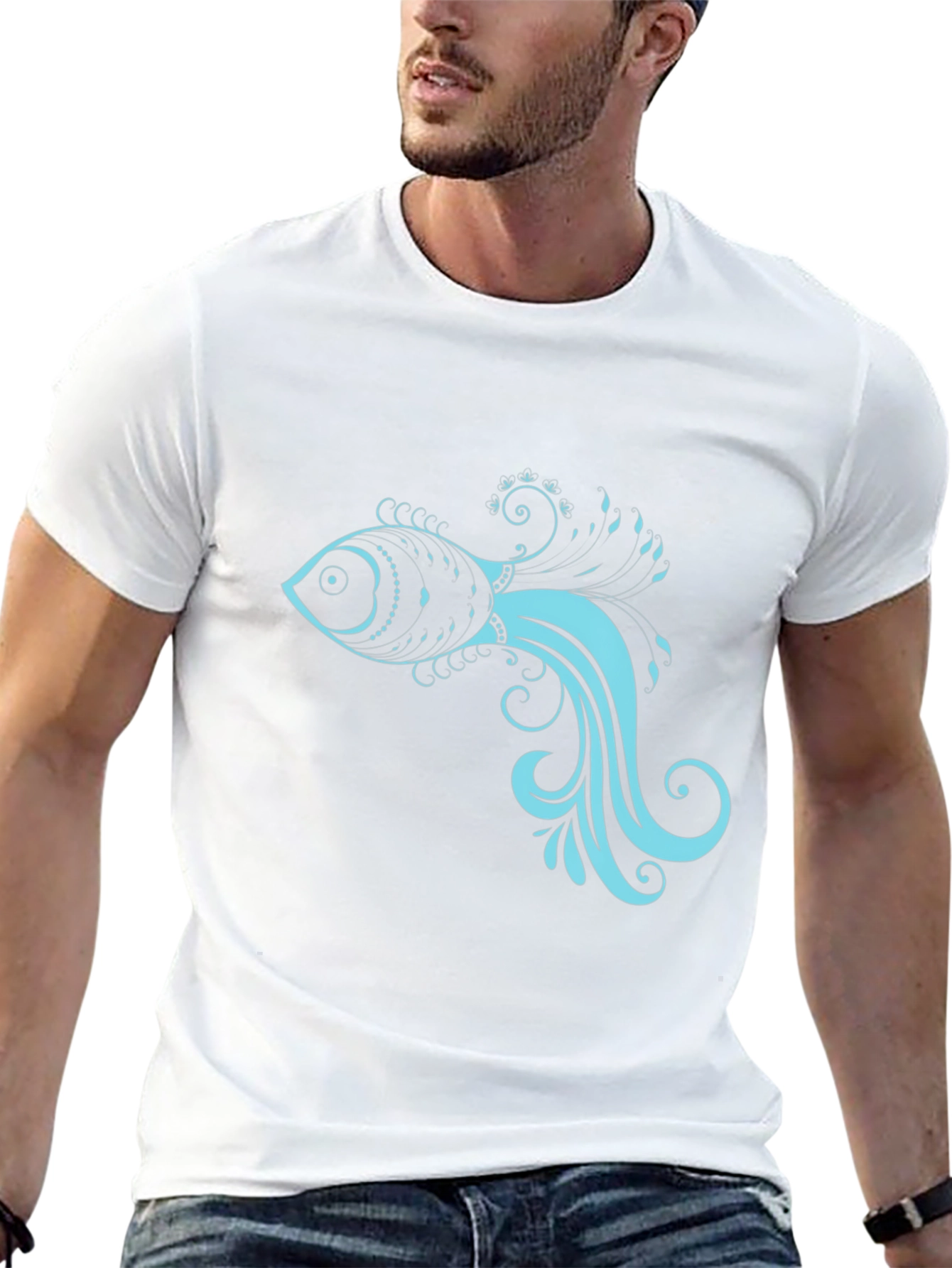 Black T-Shirt with Stylish Teal Fish Design