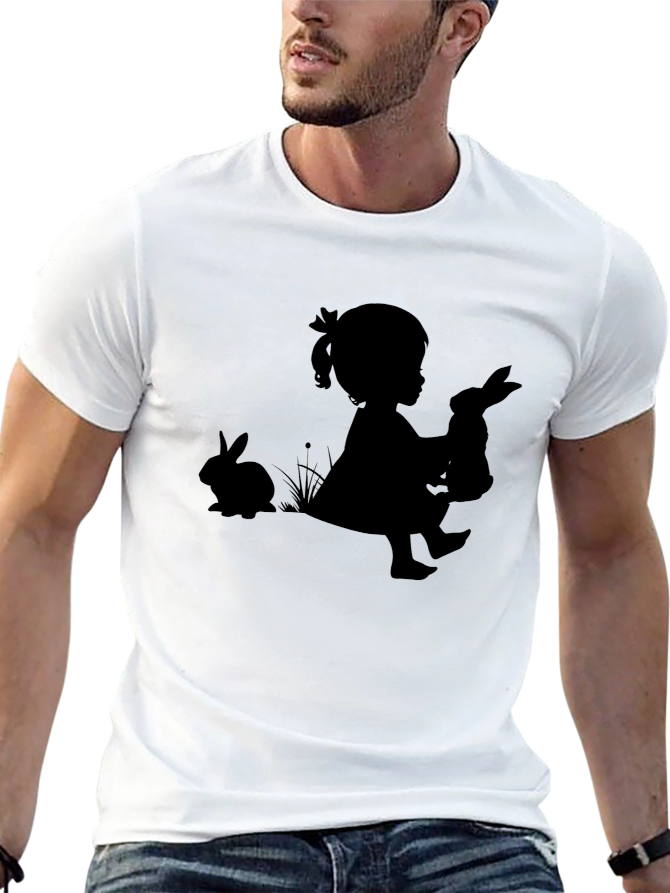 Girl with Bunnies Black T-Shirt