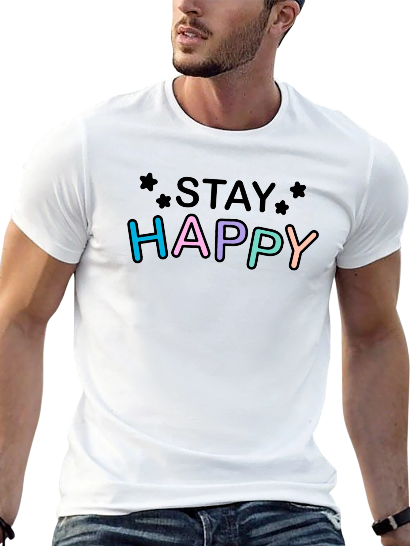 Stay Happy Graphic Tee - Black Cotton T-Shirt