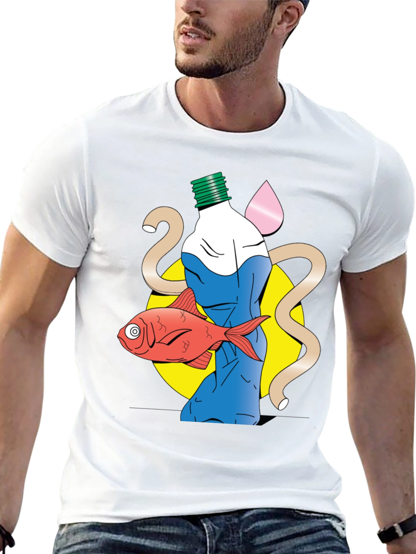 Unique Graphic T-Shirt - Bottle Fish and Abstract Design