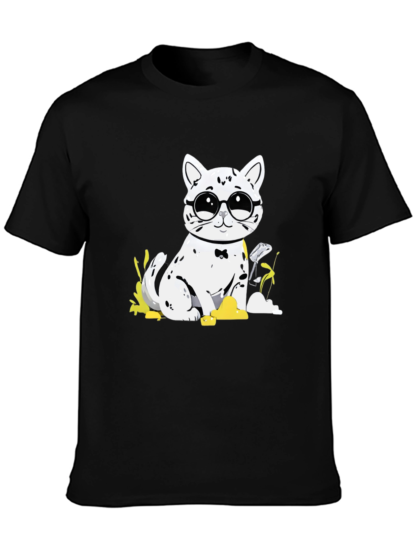 Cat with Glasses T-Shirt - Black Cotton Tee