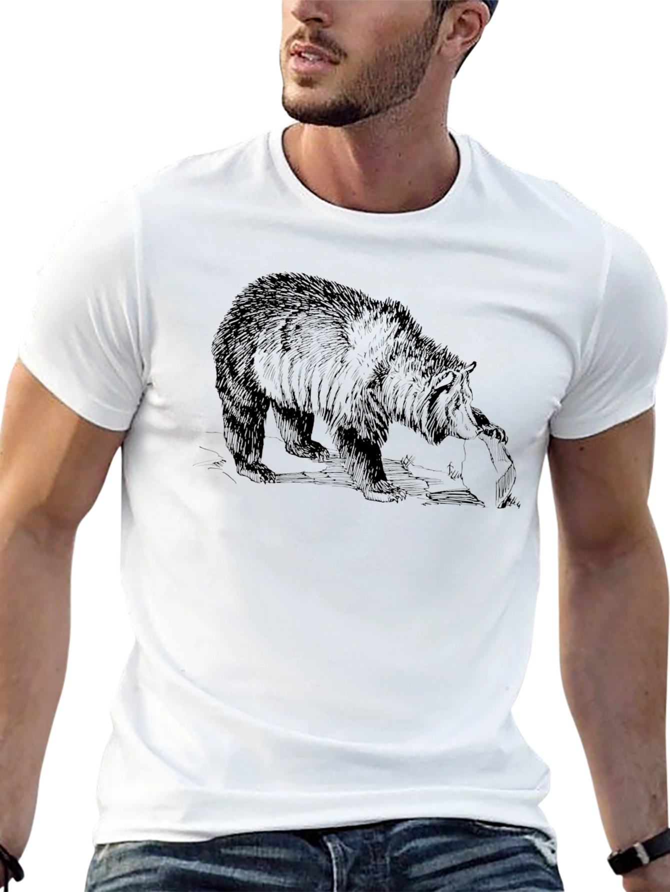 Bear Graphic Print T-Shirt - Mens Black Tee