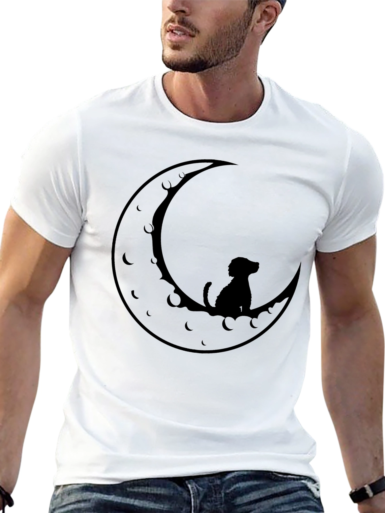 Dog on Moon Black T-Shirt - Unique Design