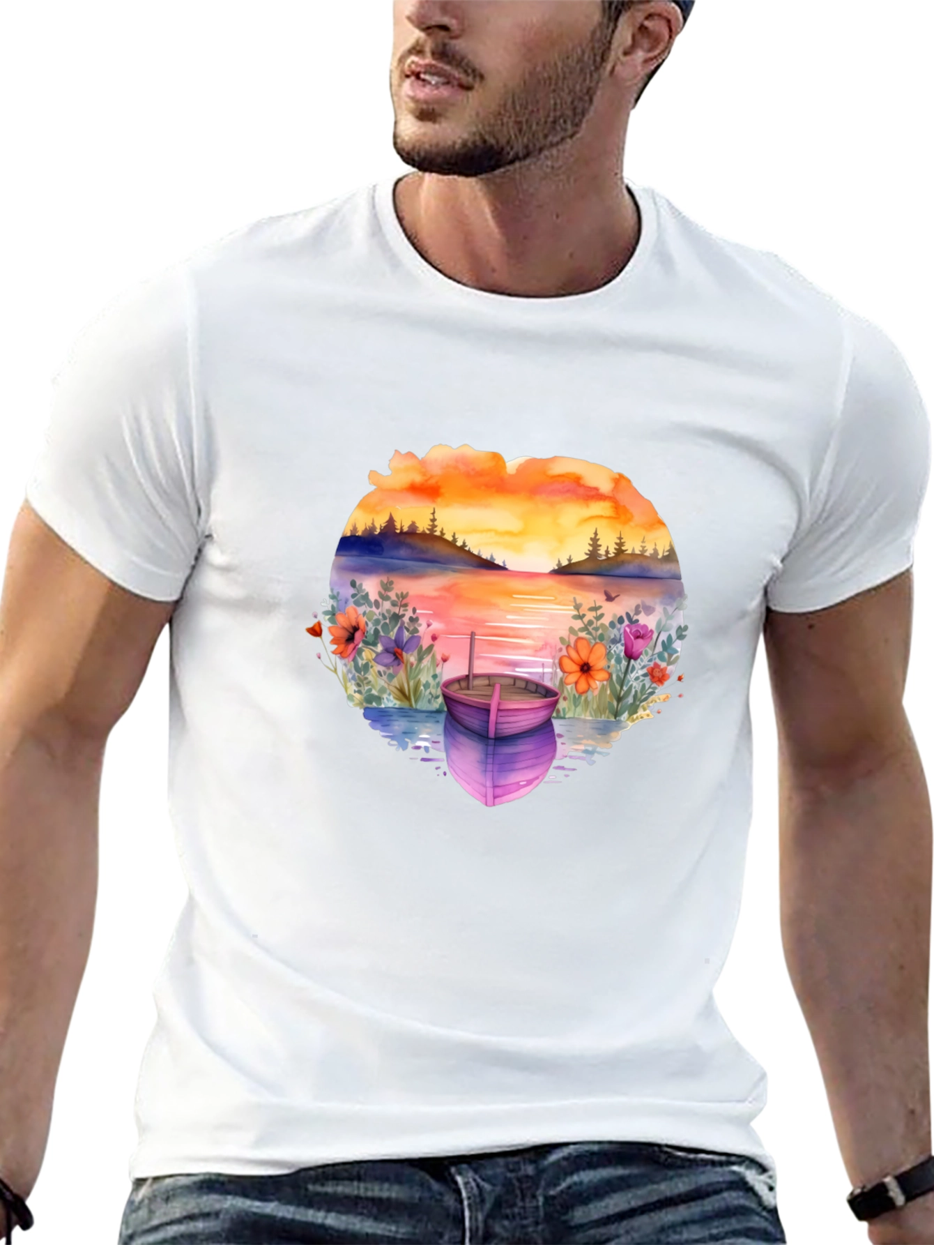 Sunset Lake Boat Graphic Tee - Stylish Relaxed Fit