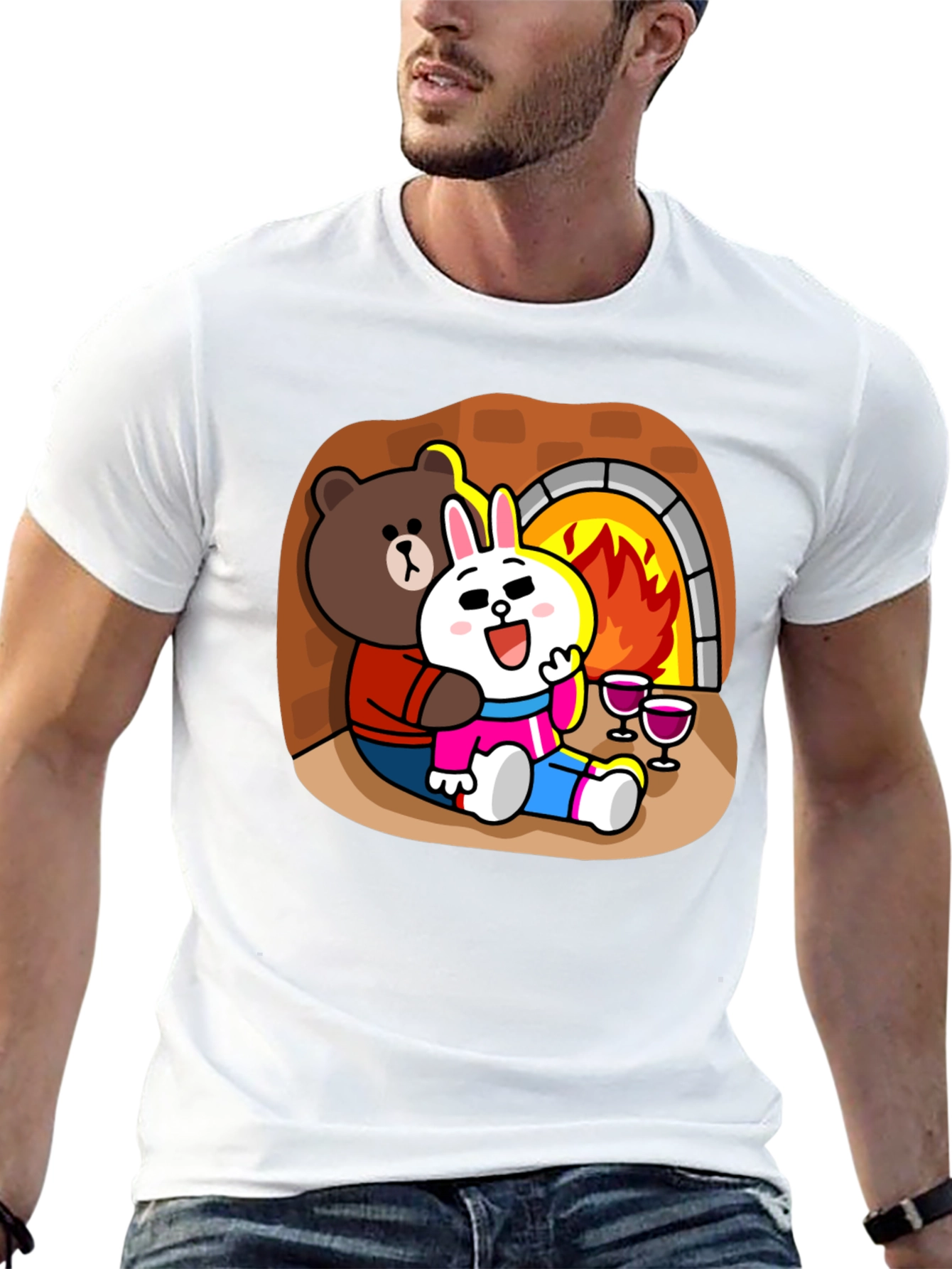 Cozy Cartoon T-Shirt: Bear & Rabbit by Fire