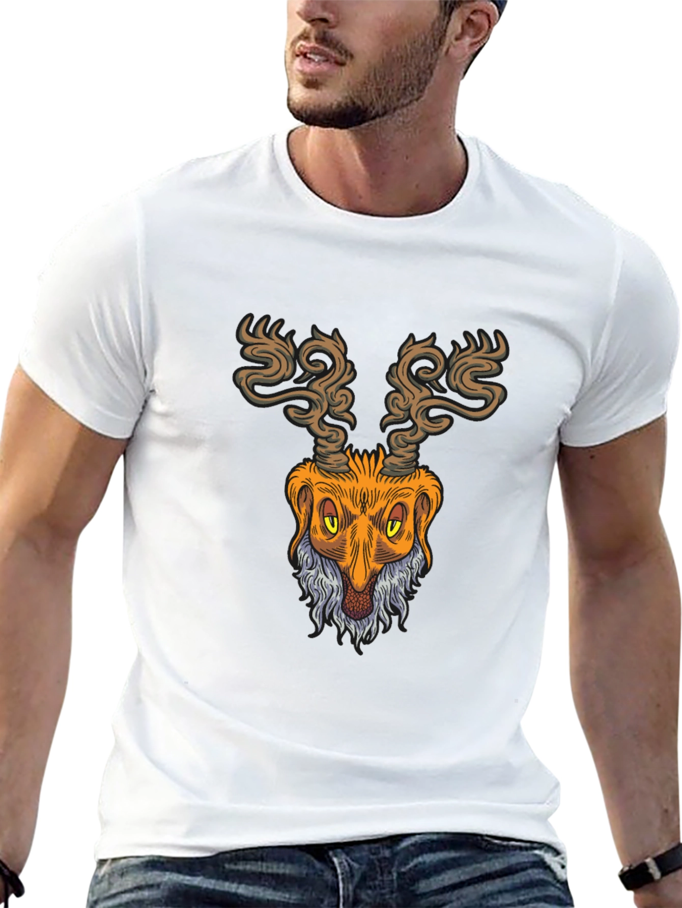 Unique Deer Head Graphic Print Black T-Shirt