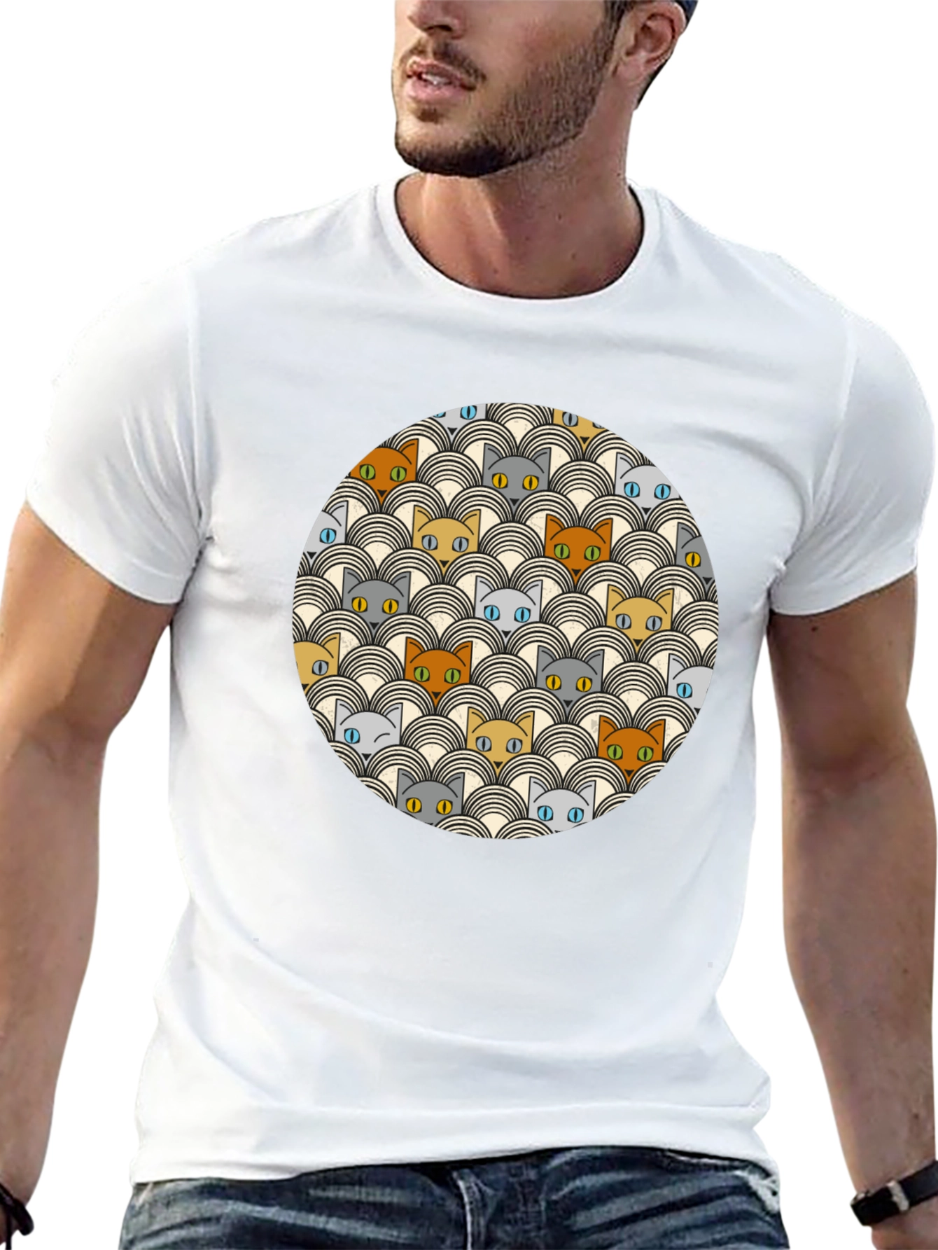Retro Cat Pattern Black T-Shirt