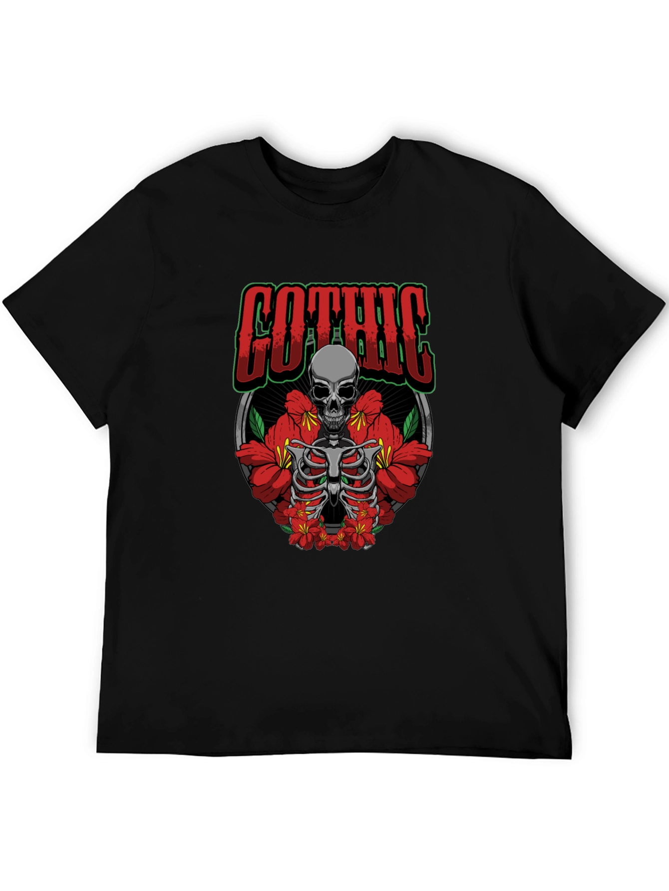 Gothic Skull & Flowers Graphic Print Black T-Shirt
