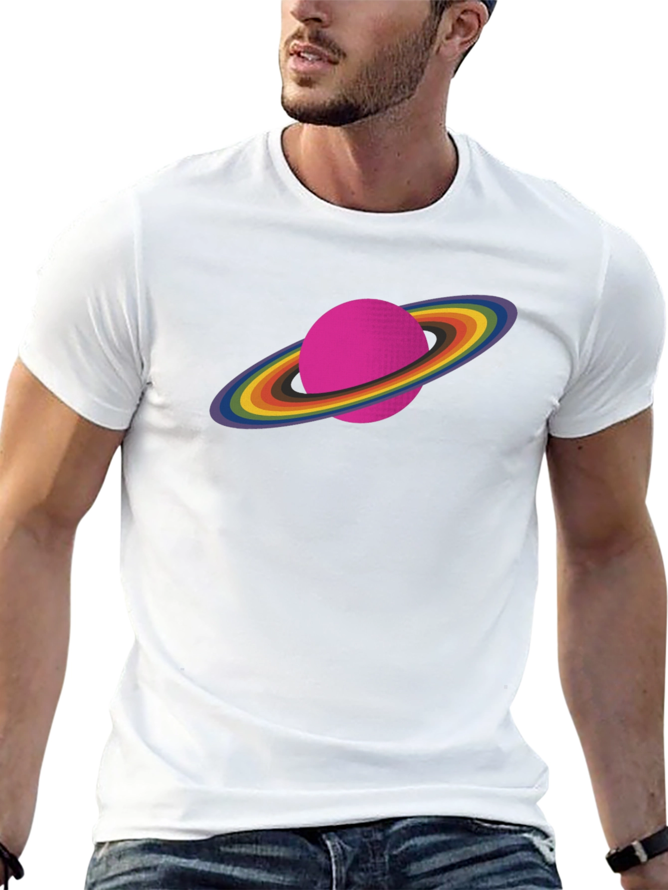 Rainbow Saturn Graphic Tee - Unisex Black T-Shirt