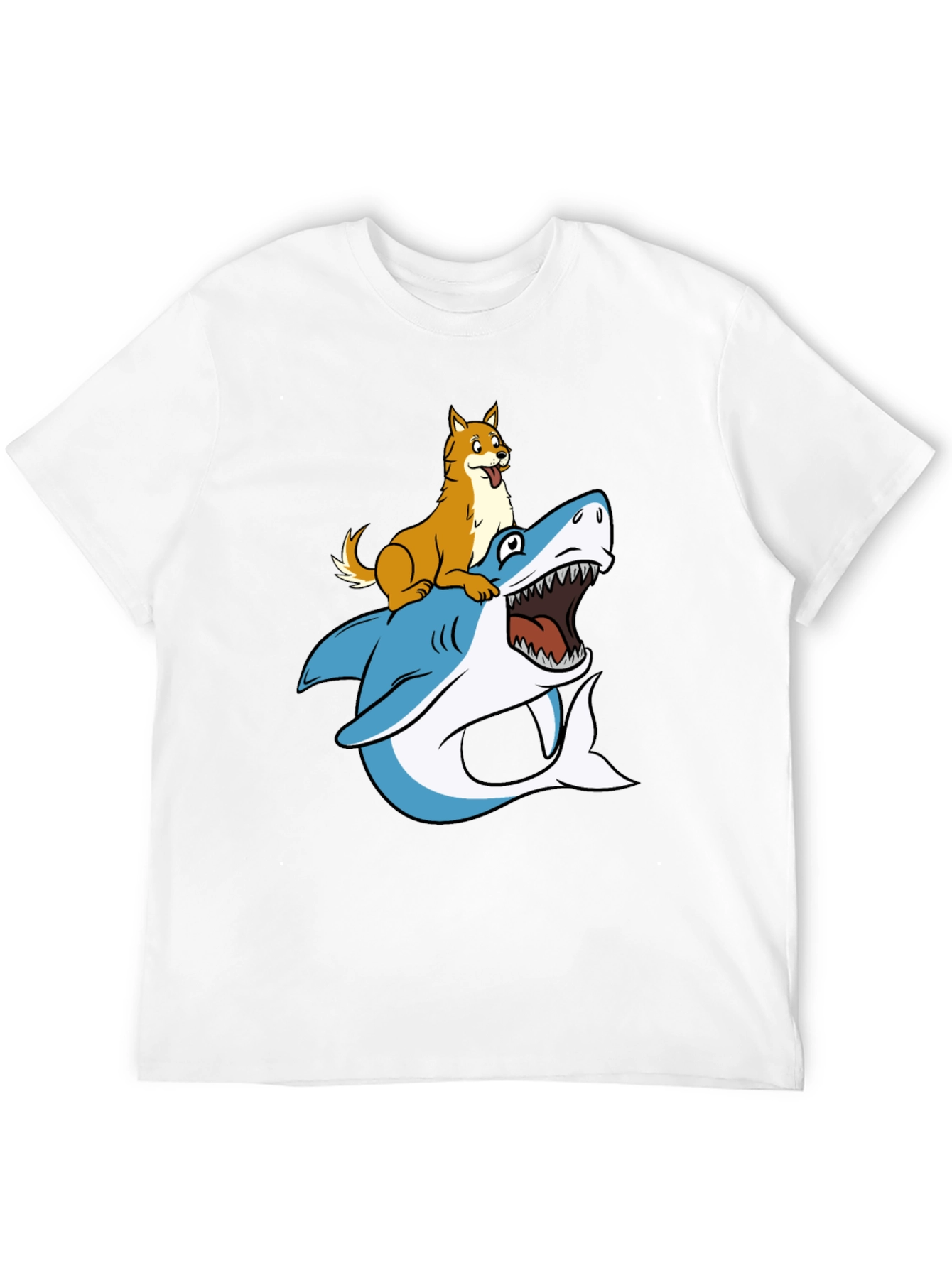 Dog Riding Shark Graphic Tee - Black Cotton T-Shirt